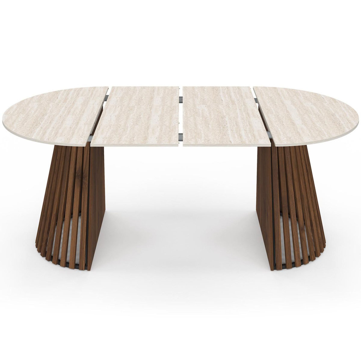 ID MARKET Table à manger extensible ronde CARMEN 4-10 personnes pied noyer en lattes et plateau effet travertin 110-200 cm