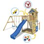 WICKEY Aire de jeux Portique bois Smart Sand avec balançoire et toboggan bleu Maison enfant extérieure avec bac à sable, échelle d'escalade & accessoires de jeux
