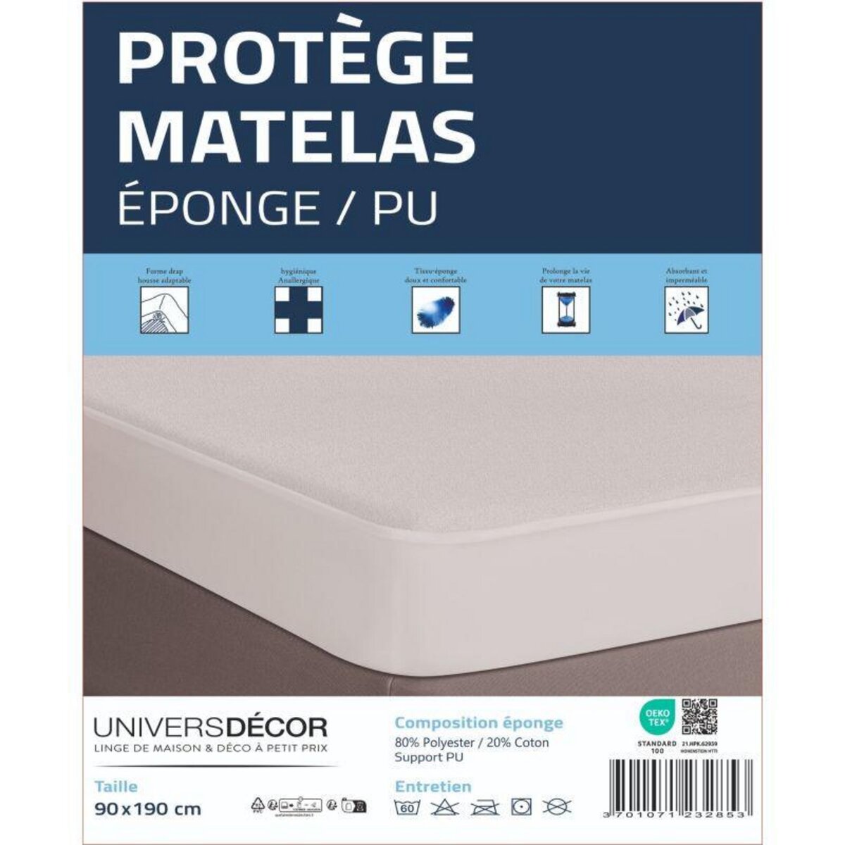 COTON PUR Lot de 2 Protèges matelas imperméable, absorbant et anti-acariens 90 x 190 cm