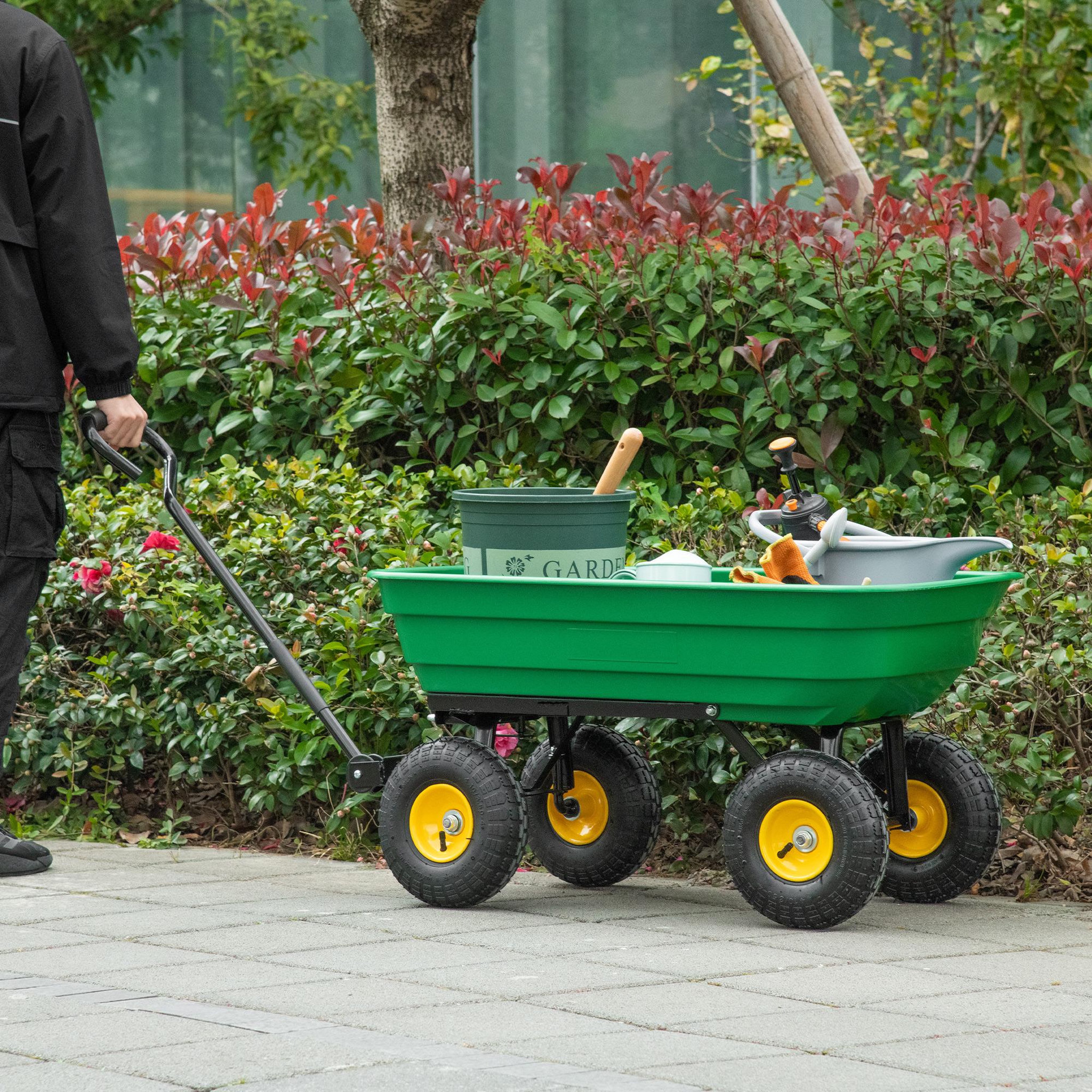 Voir la diapositive 2 : OUTSUNNY Chariot de jardin à main benne basculante 75° 75L charge max. 200 Kg 4 roues pneumatiques acier PP jaune vert