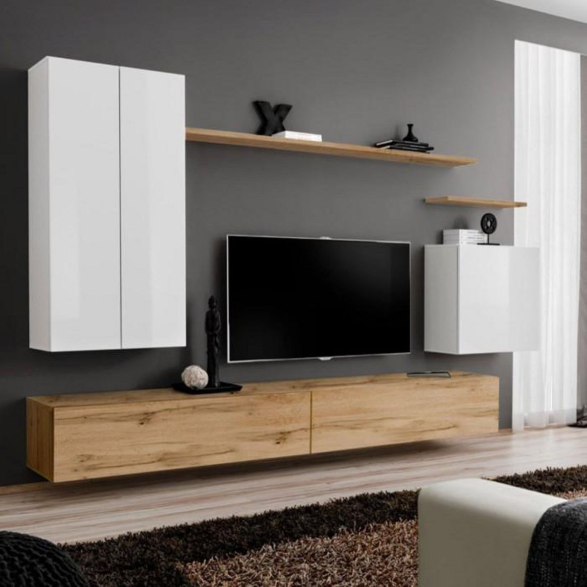 Paris Prix Meuble TV Mural Design  Switch II  270cm Blanc & Naturel