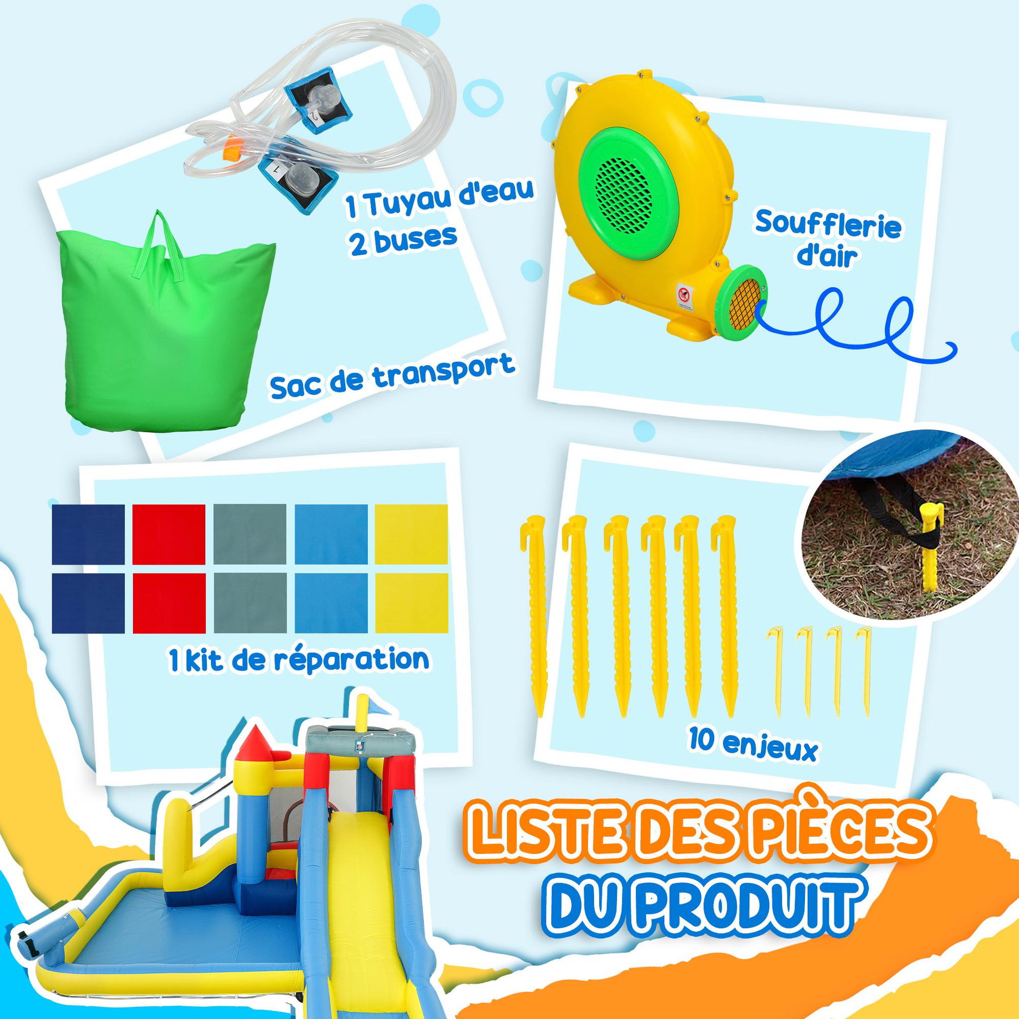Voir la diapositive 5 : HOMCOM Château gonflable enfant 6 en 1 - toboggan, trampoline, panier basket-ball, piscine, mur, pistolet - nombreux accesoires