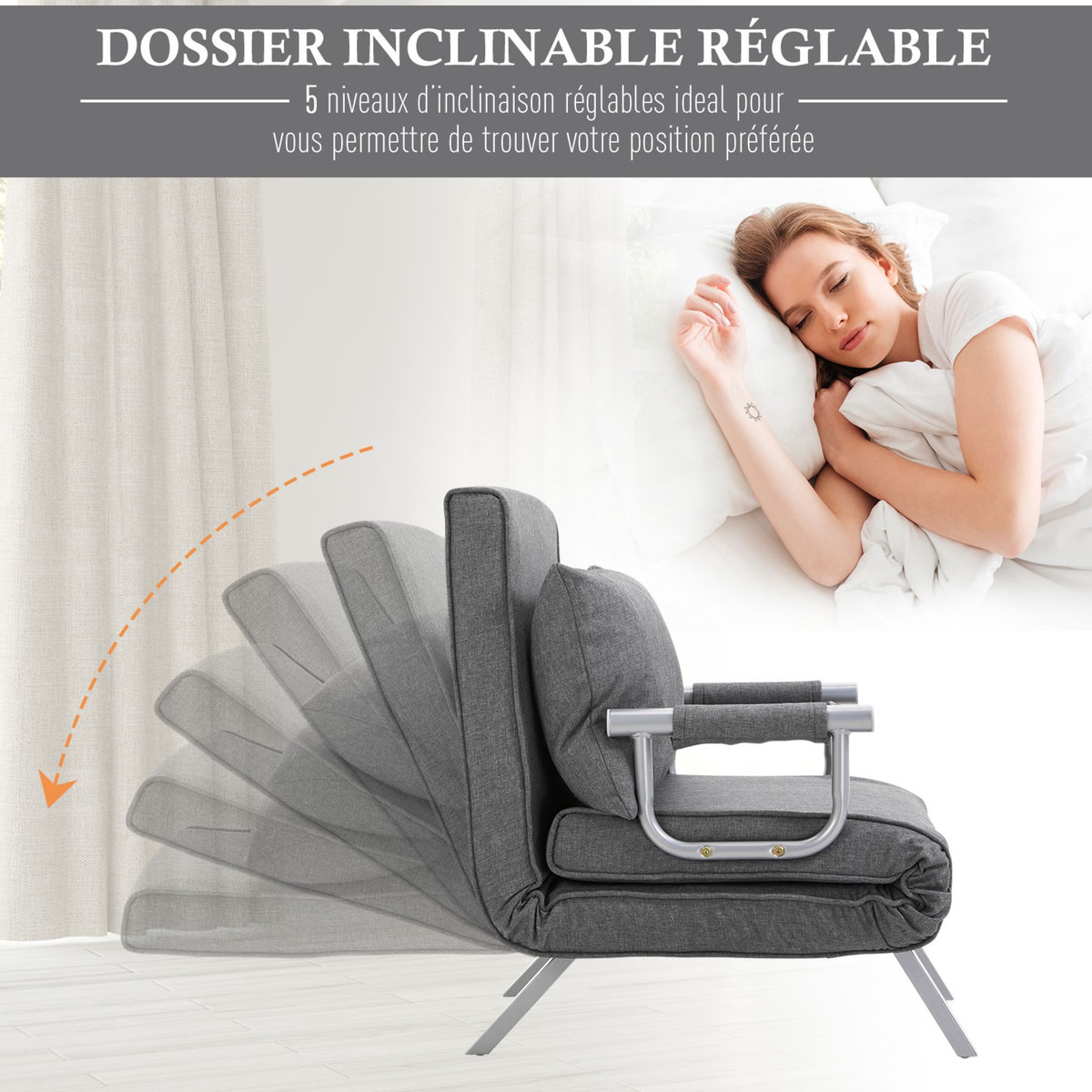 HOMCOM Fauteuil chauffeuse canapé-lit convertible 1 place déhoussable grand confort coussin pieds accoudoirs métal lin gris clair