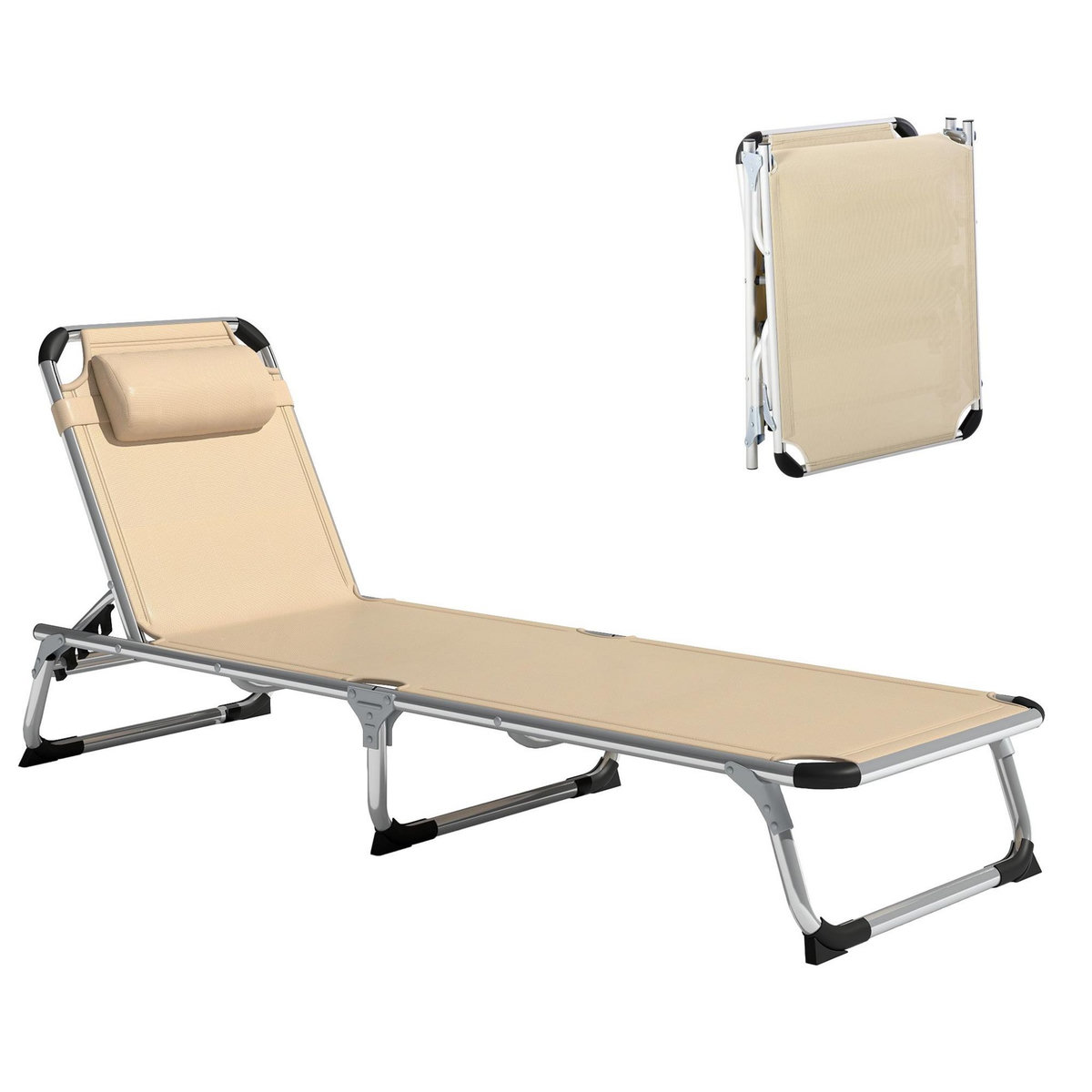 OUTSUNNY Bain de soleil transat pliable grand confort dossier réglable multi-position tétière alu. textilène beige