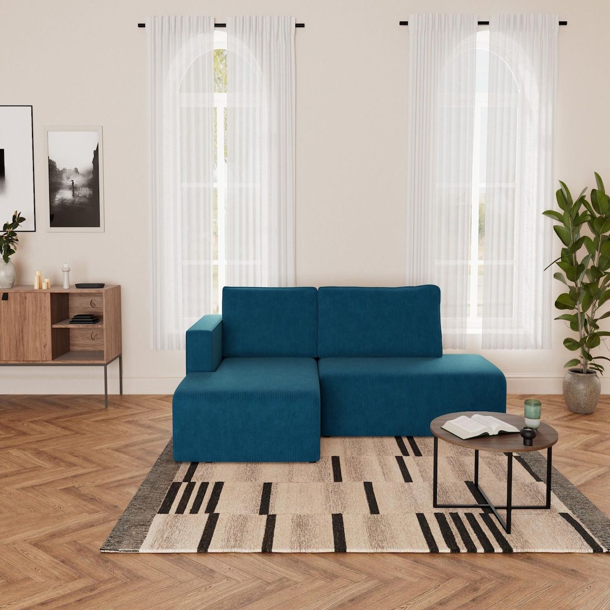 BEST MOBILIER Topaze - canapé d'angle gauche 4 places convertible avec coffre en velours côtelé