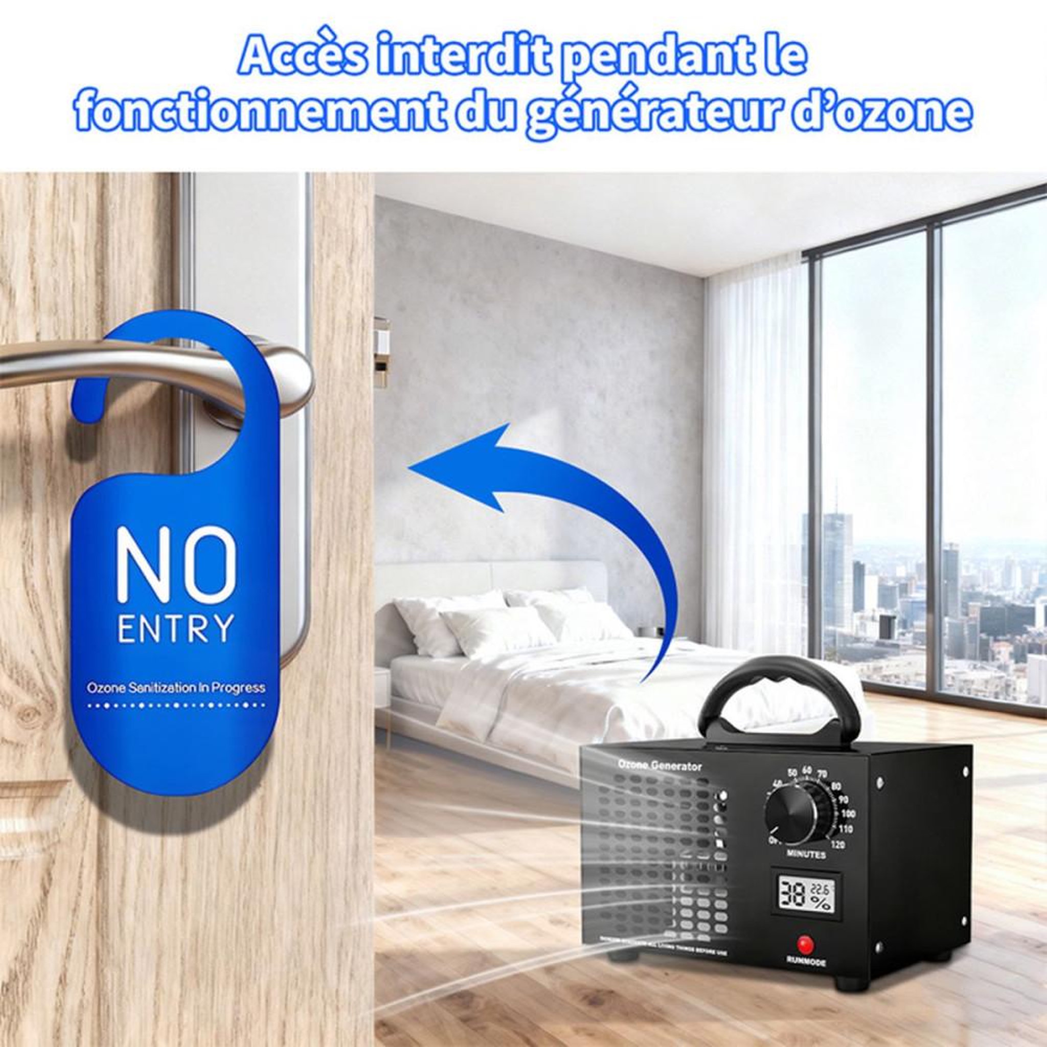 Voir la diapositive 3 : Purificateur d'air avec générateur d'ozone 65 000 mg/h, 300 m², sans filtre, minuteur 120 min, noir