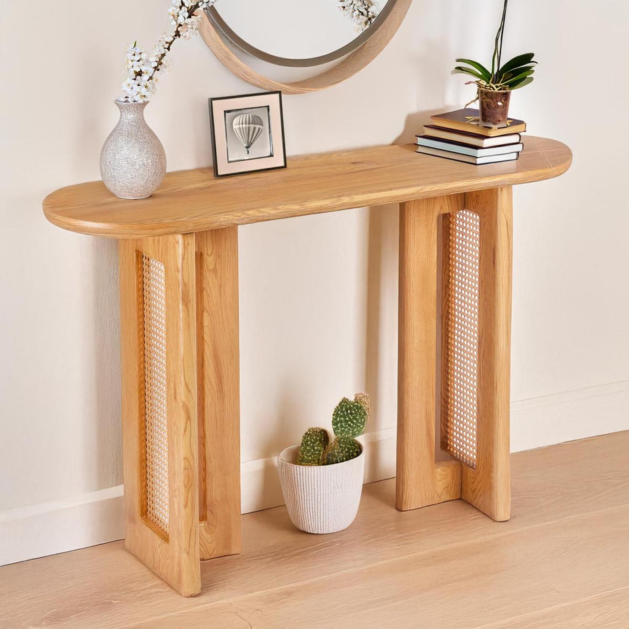 Voir la diapositive 4 : Paris Prix Console Design Cannage  Bohème  120cm Chêne Clair