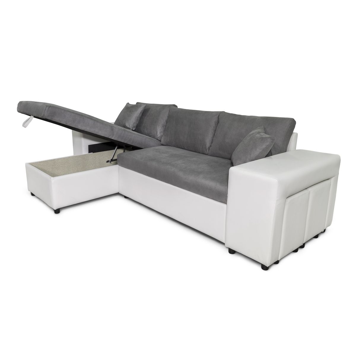 Canapé d'angle convertible avec coffre 3 places + 2 poufs à droite et étagère à gauche MACHA