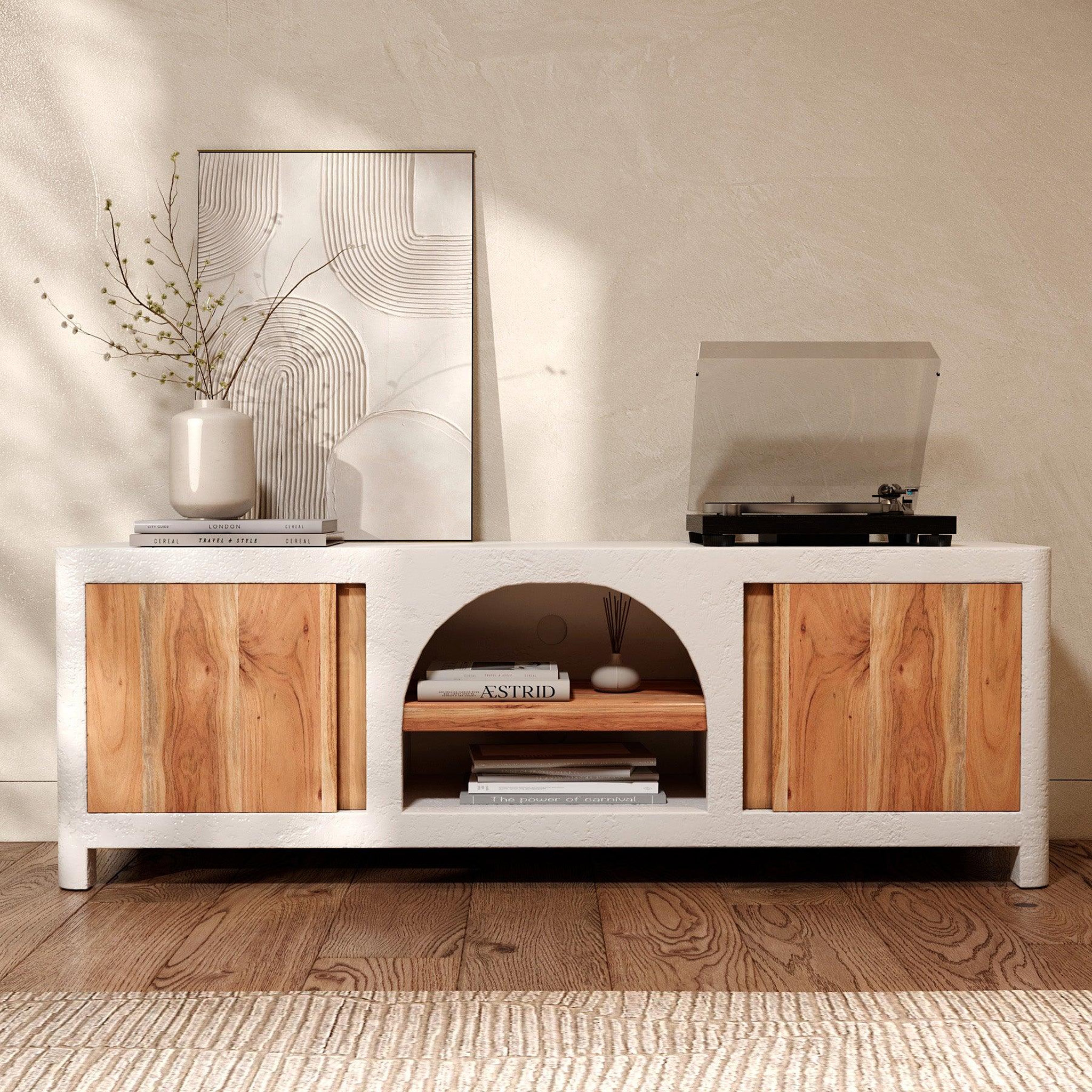 Voir la diapositive 2 : MAISON PAVANE Meuble tv en plâtre blanc cassé et bois d'acacia 145 cm-fira