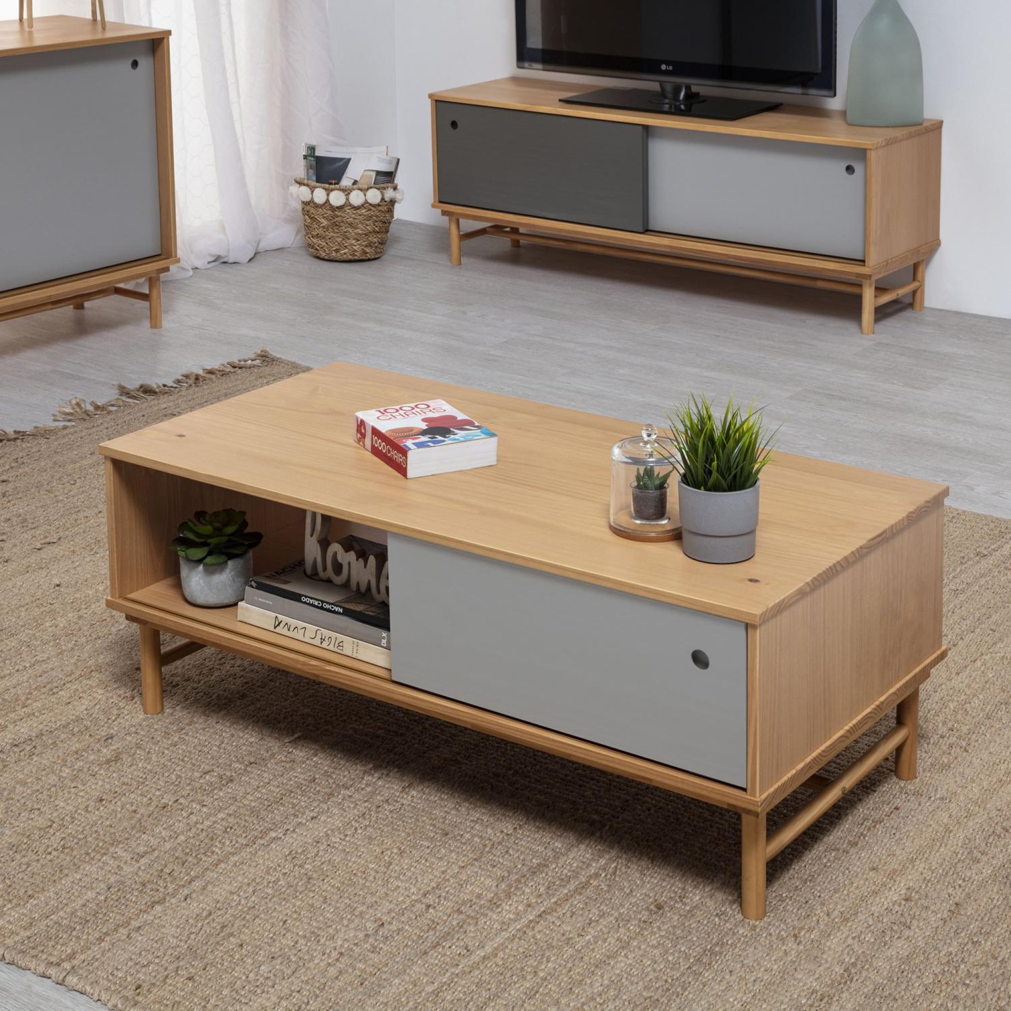 Voir la diapositive 5 : VS VENTA-STOCK Table Basse Magnus 1 Porte Coulissante et 1 Creux, Bois Massif, Longueur 110 cm