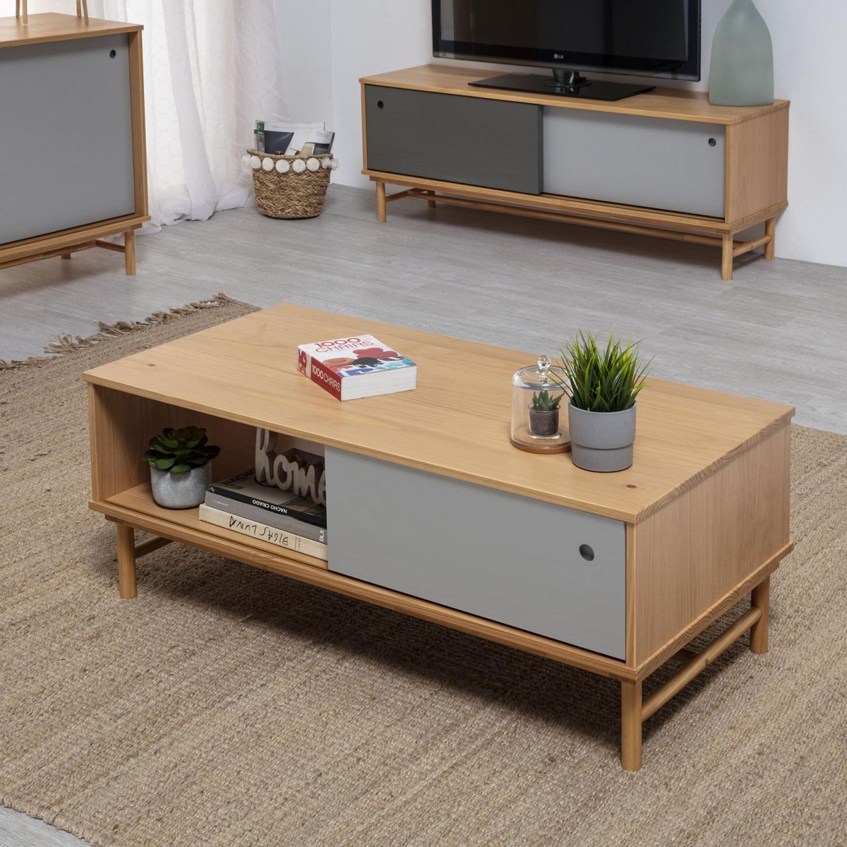 VS VENTA-STOCK Table Basse Magnus 1 Porte Coulissante et 1 Creux, Bois Massif, Longueur 110 cm