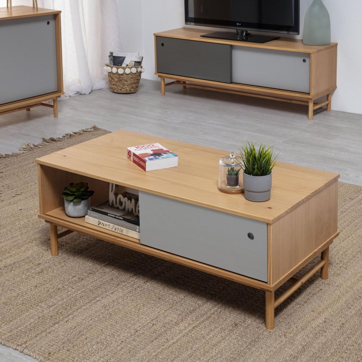 VS VENTA-STOCK Table Basse Magnus 1 Porte Coulissante et 1 Creux, Bois Massif, Longueur 110 cm