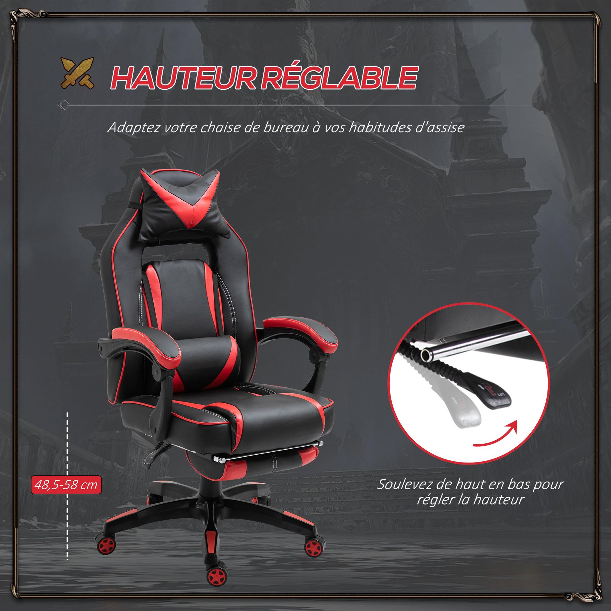 Voir la diapositive 4 : HOMCOM HOMCOM Fauteuil de bureau manager grand confort style baquet racing gamer pivotant inclinable avec coussins et repose-pieds revêtement synthétique noir rouge