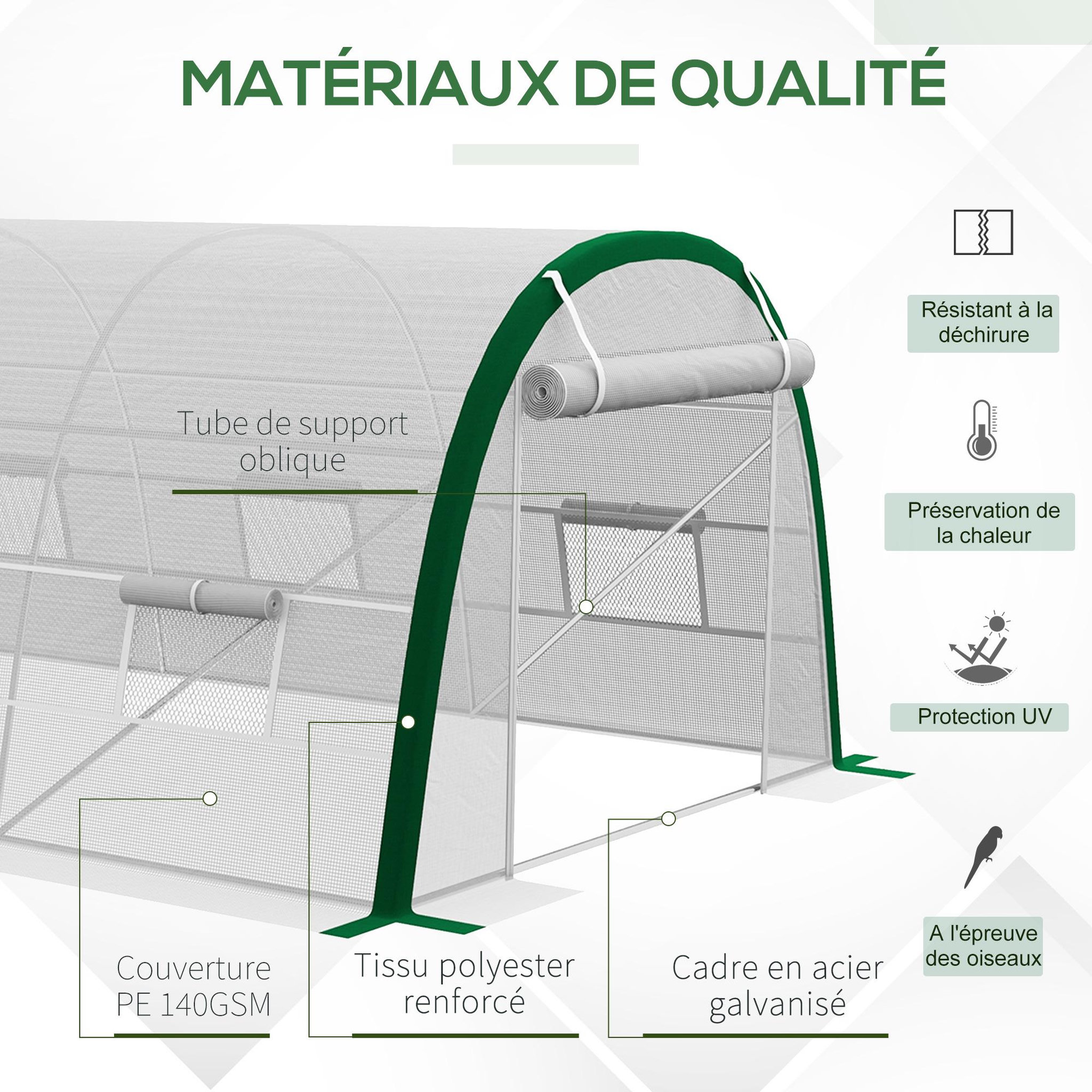 Voir la diapositive 6 : OUTSUNNY Serre de jardin tunnel surface sol 18 m² châssis tubulaire acier galvanisé renforcé 24 mm 8 fenêtres pe maillé blanc vert