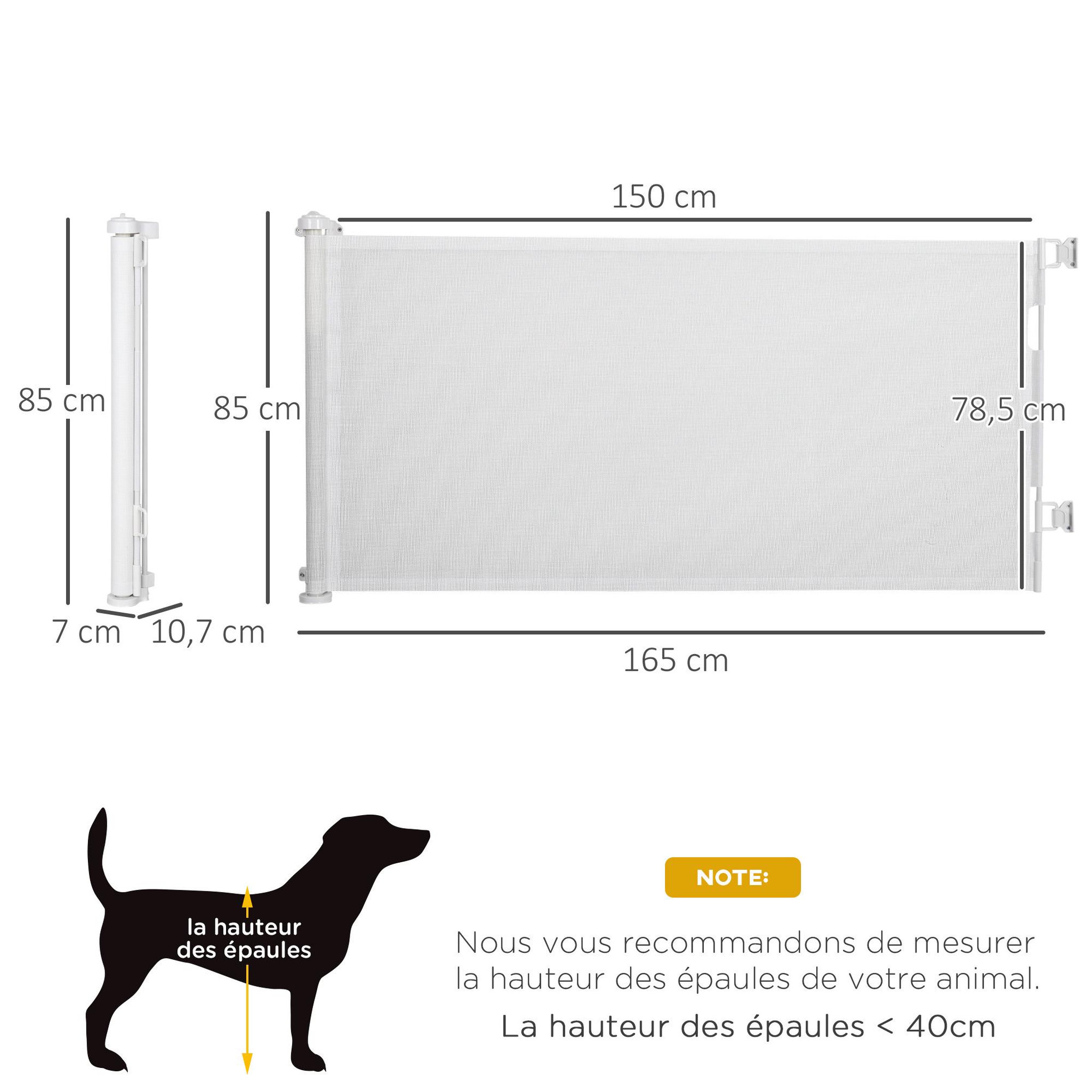 Voir la diapositive 3 : PAWHUT Barrière de sécurité barrière animaux rétractable automatique 1,65L x 0,85H m teslin alu. PVC blanc