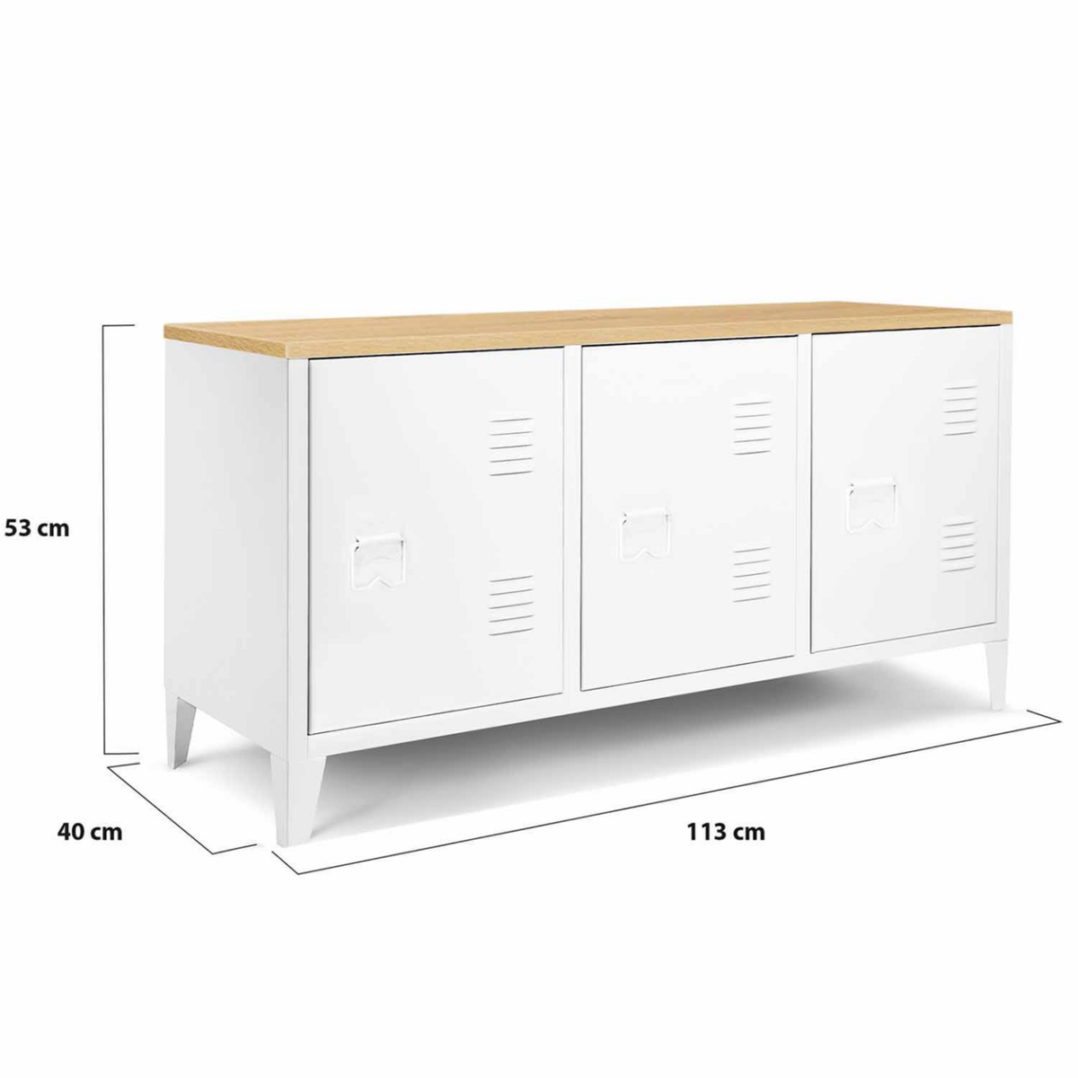 ID MARKET Buffet bas 113 cm ESTER 3 portes métal blanc plateau bois design industriel