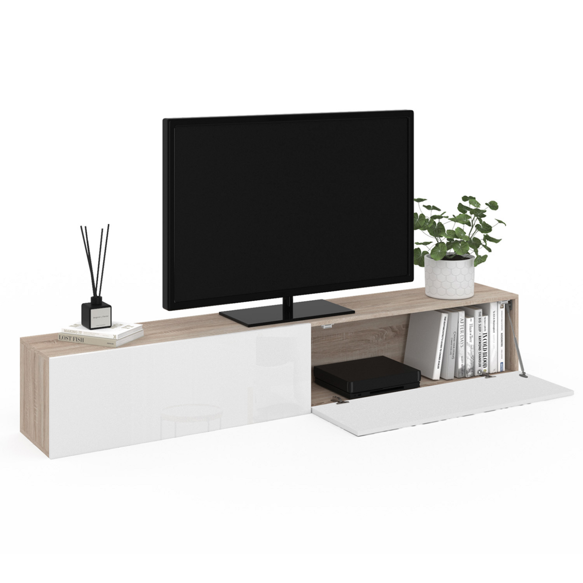 ID MARKET Meuble TV 180 cm suspendu ELIO 2 portes bois et blanc