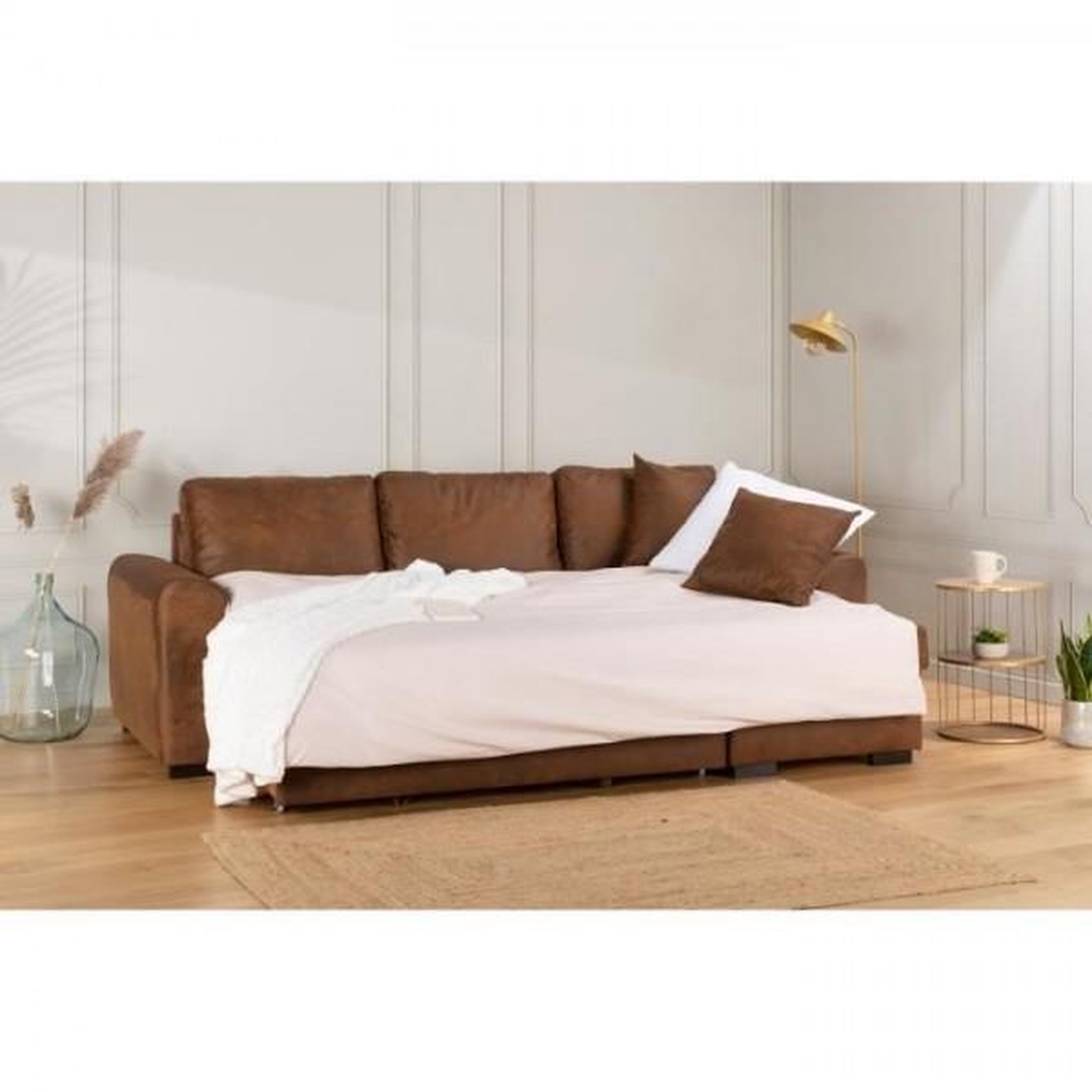 Voir la diapositive 5 : MARKET24 Canapé d'angle convertible réversible 4 places - Tissu Marron vintage - L 244 x P 151 x H 90 -HAMILTON -Fabriqué en Ukraine
