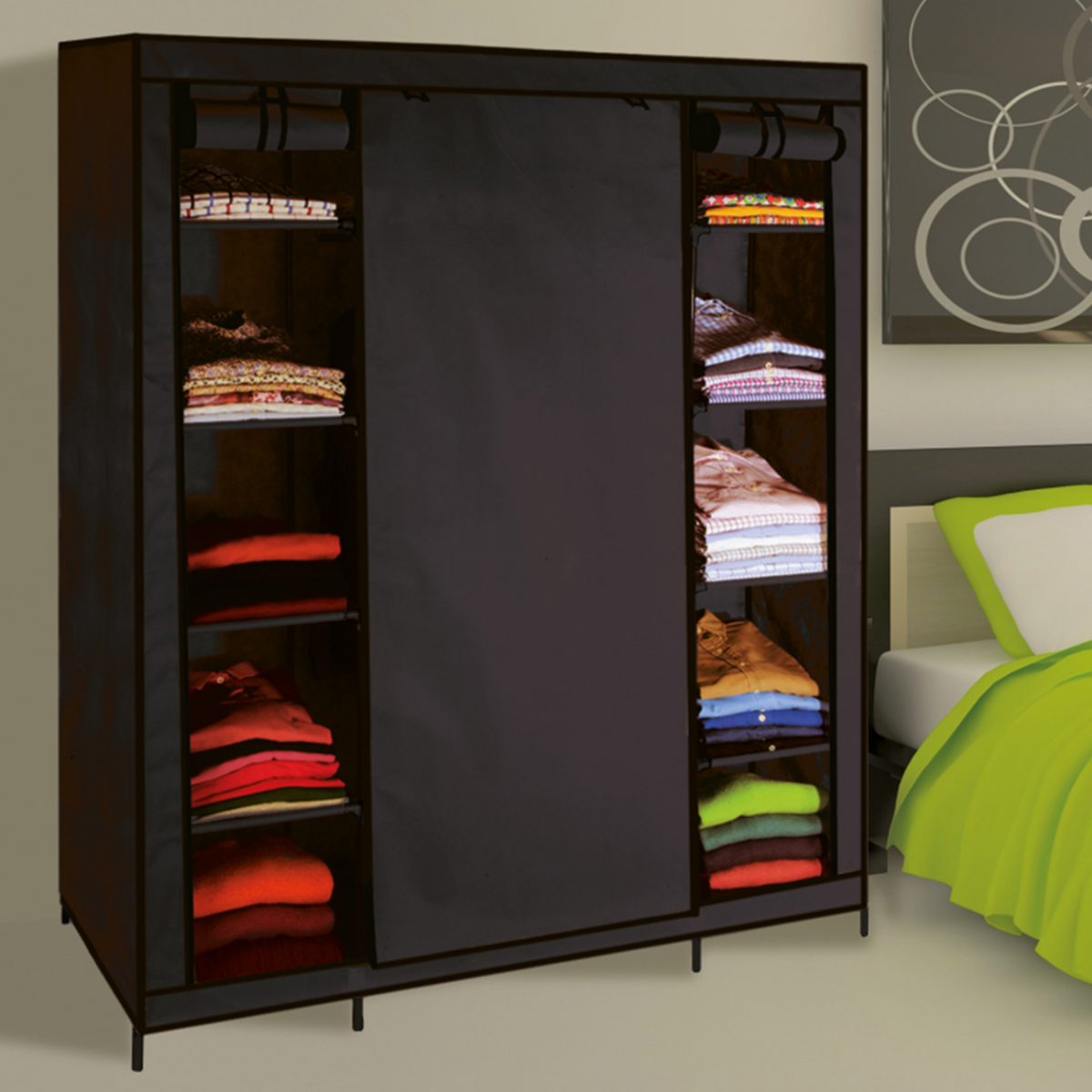 ID MARKET Armoire de rangement penderie pliable vêtements en tissu noir dressing XXL