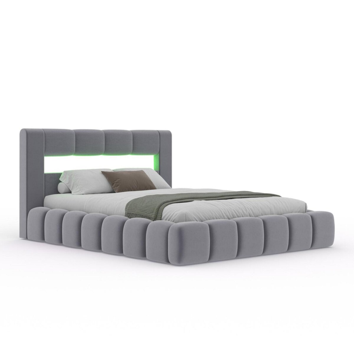 CONCEPT USINE Lit nuage coffre LED 160x200cm velours gris avec tête de lit et sommier OMAHA