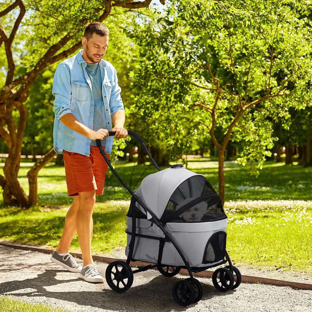 PAWHUT Poussette pour chien pliable nacelle 2 en 1 - poignée, housse zippée, pochette - acier oxford gris