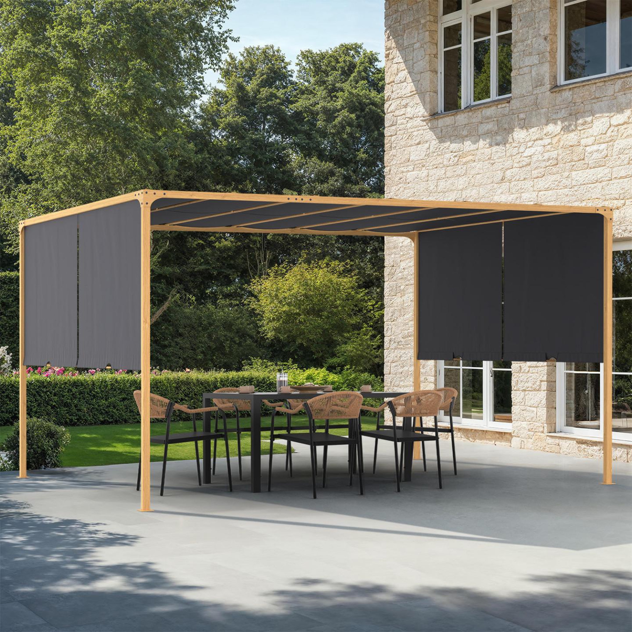 Voir la diapositive 2 : ID MARKET Pergola coulissante 2 pans 3x4 m belvédère de jardin effet bois toile gris anthracite