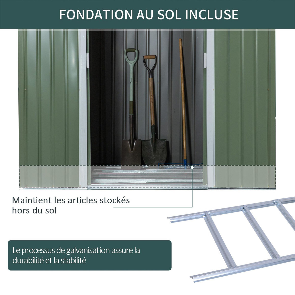 OUTSUNNY Abri de jardin - remise pour outils - fondation incluse - cabanon 2 portes coulissantes verrouillables - dim. 213L x 130l x 173H cm - tôle d'acier vert