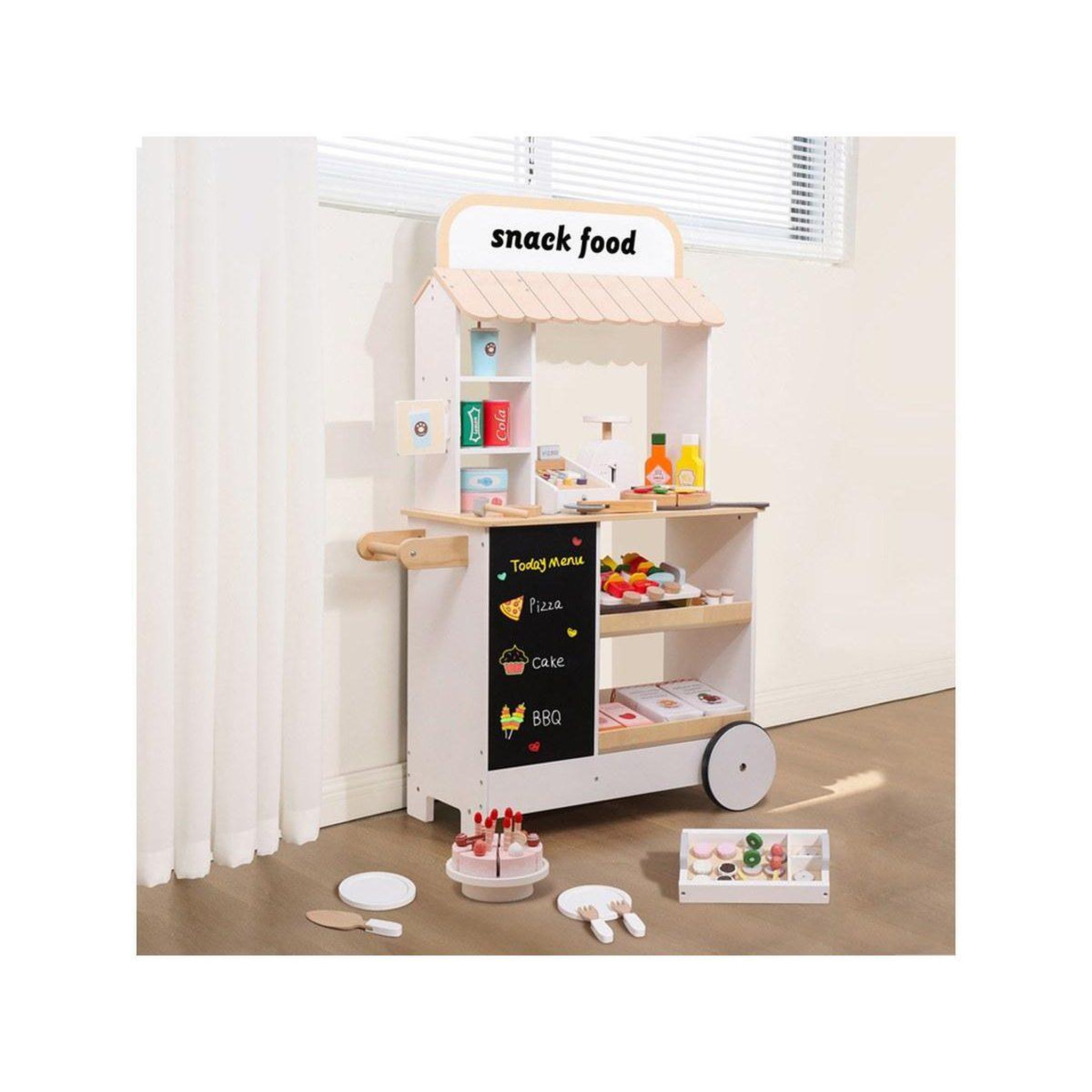 Voir la diapositive 2 : 1001JOUETS Stand de Snacking en Bois - Avec Accessoires et Tableau Noir - 110 cm