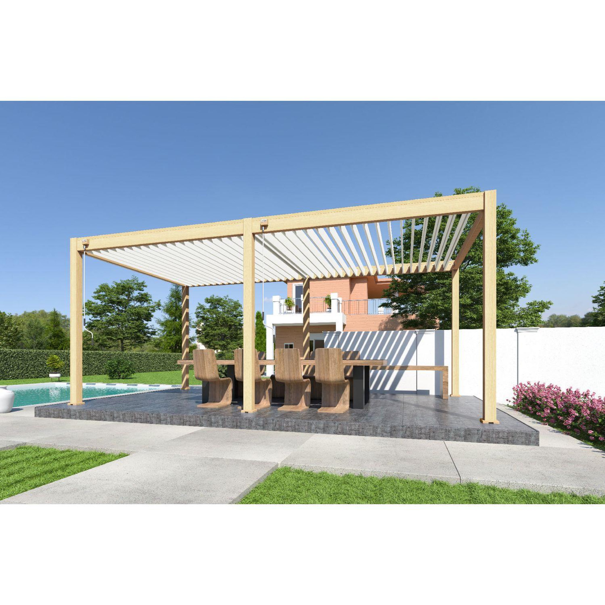 Voir la diapositive 5 : Pergola Bioclimatique autoportée 3x6 m - Aluminium - Effet  bois naturel/blanc -  VS OmBREA®