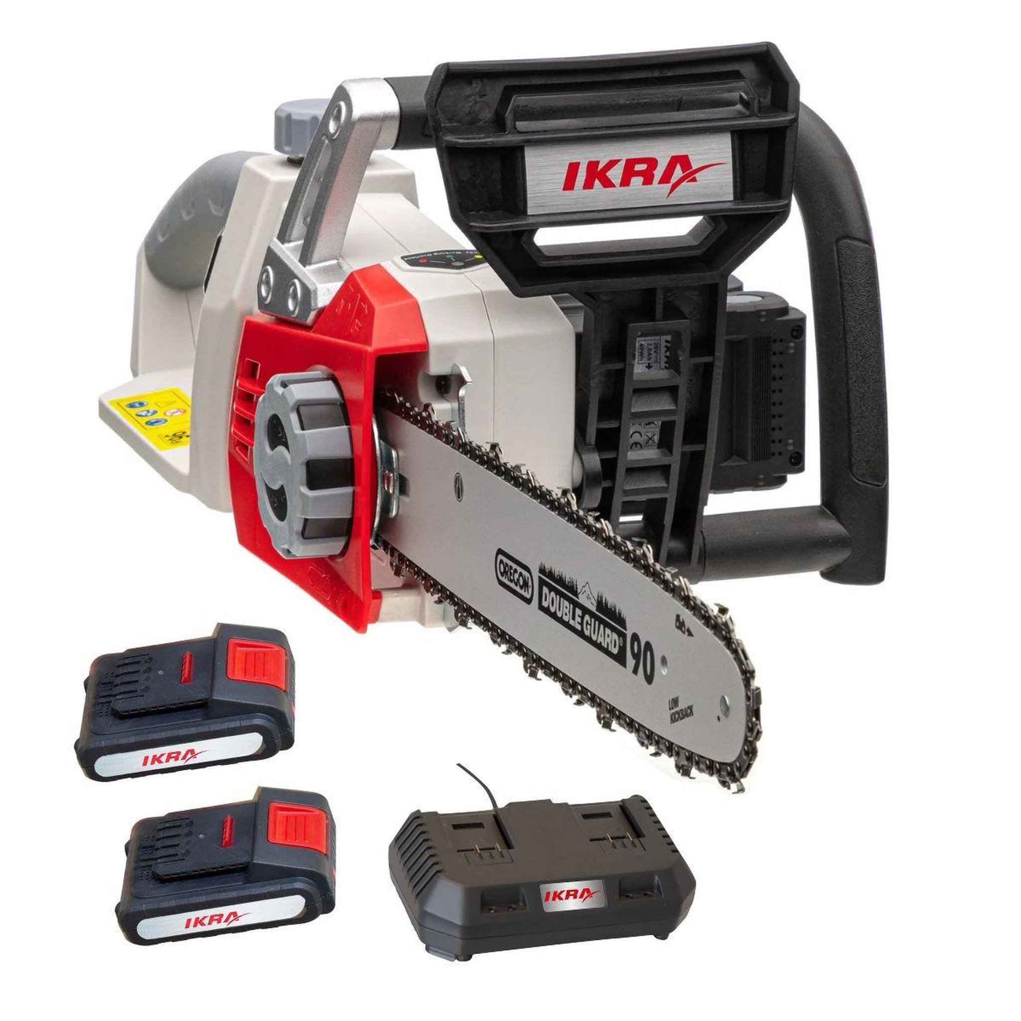 Ikra Tronçonneuse sans fil 40v - guide oregon 35,5 cm - 2 batteries lithium 2.0ah - chargeur double - tendeur de chaine rapide ikra