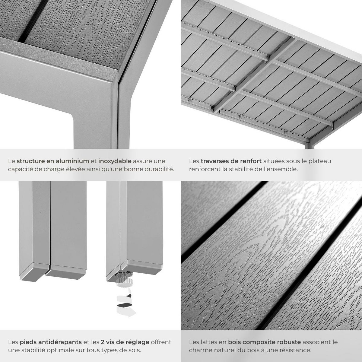 tectake Table de jardin en aluminium et plastique gris/argent