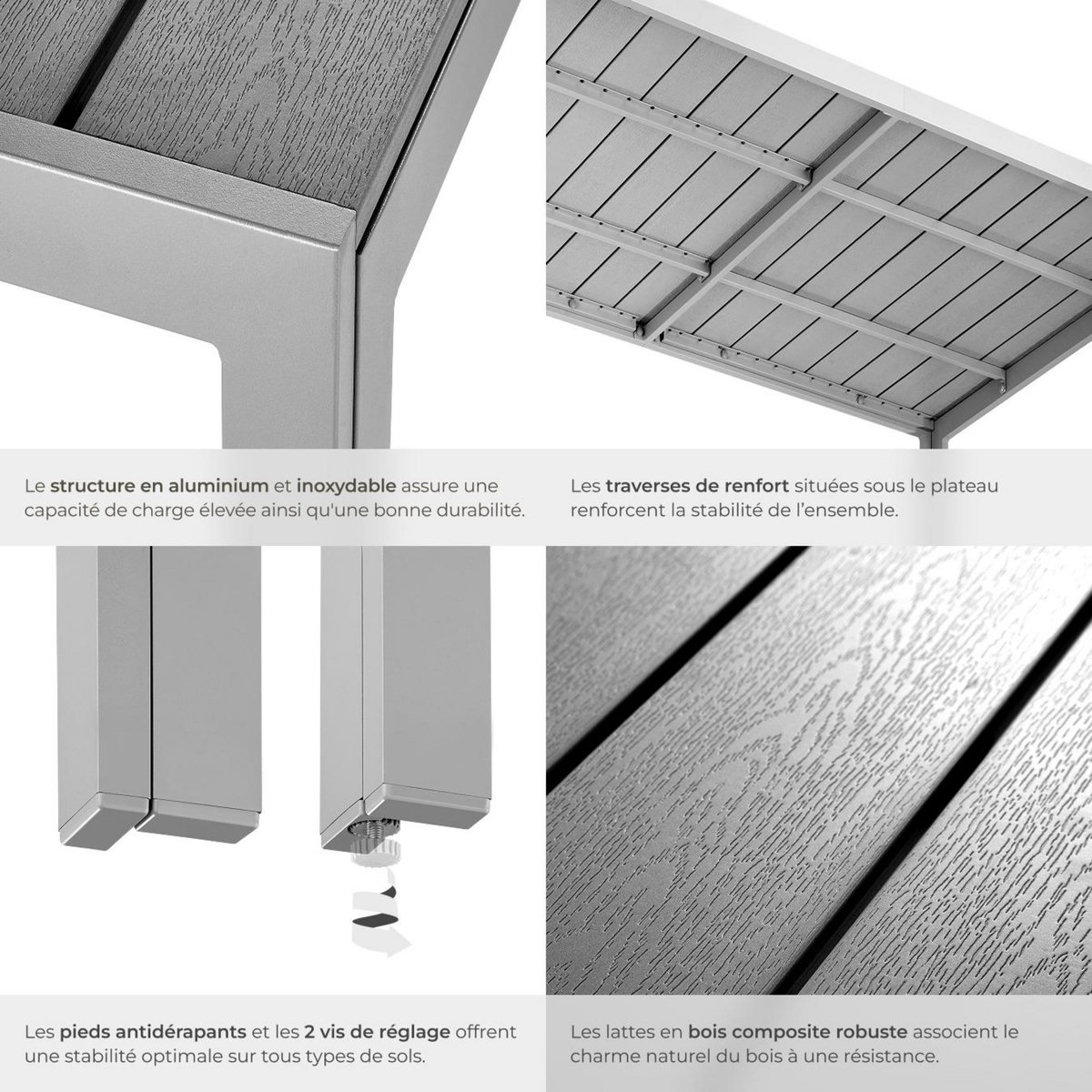 tectake Table de jardin en aluminium et plastique gris/argent