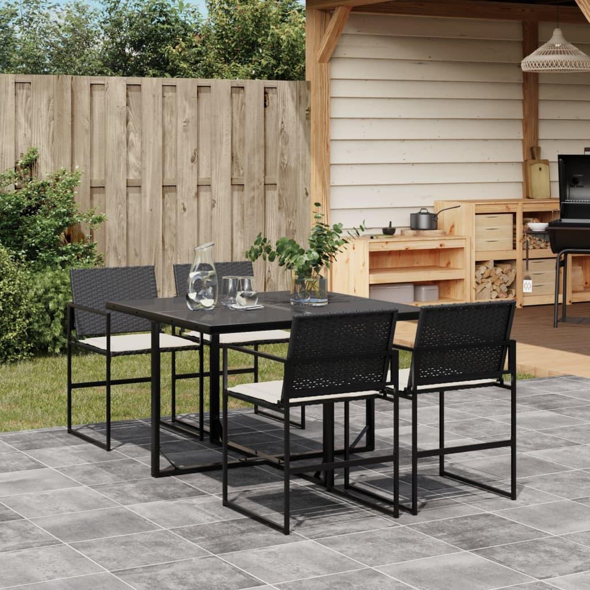VIDAXL Ensemble a manger de jardin coussins 5pcs noir resine tressee