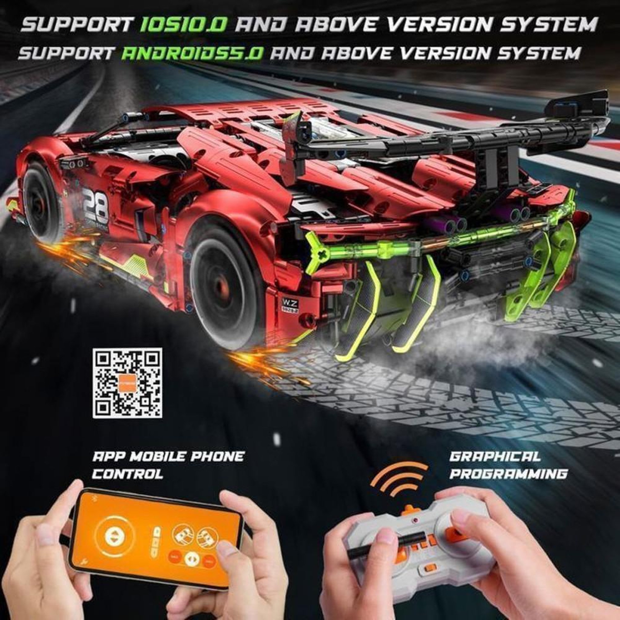 Voir la diapositive 3 : Kit voiture RC à assembler 1:10 rouge, 2 202 pièces, télécommande 2,4 GHz et contrôle via app