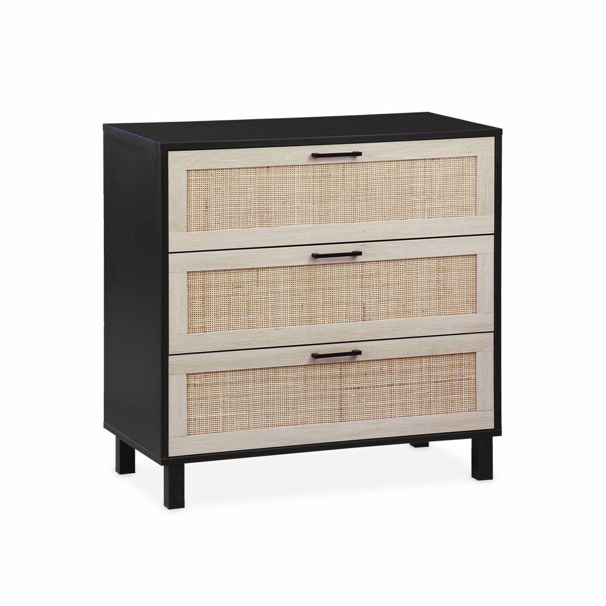 SWEEEK Commode noire et cannage 80 x 40 x 80cm - Bianca - 3 tiroirs