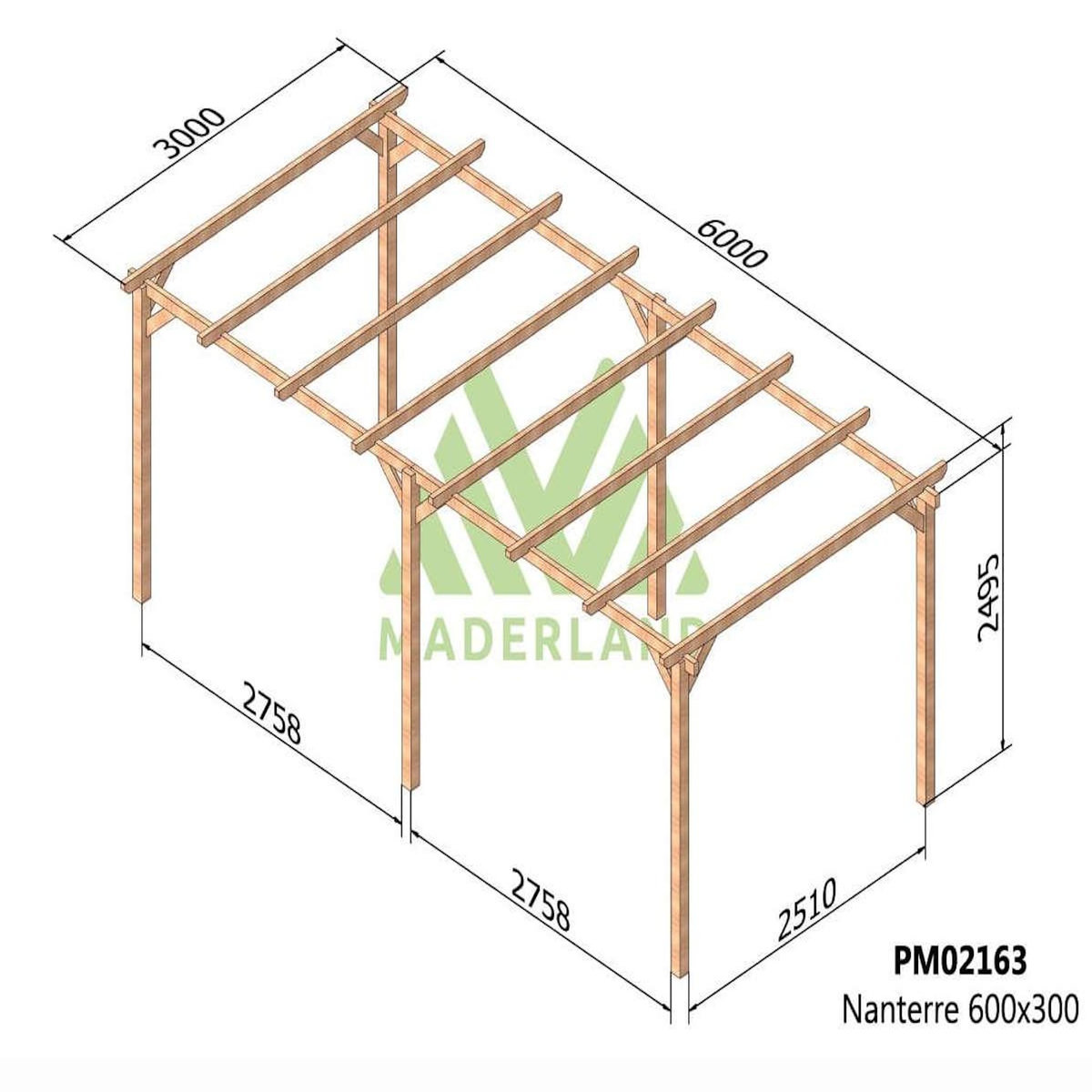 JARDIDECO Carport en bois Nanterre 600 x 300 cm - Maderland