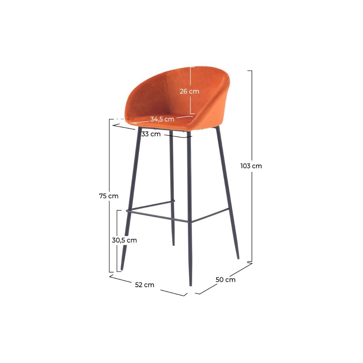Rendez vous déco Lot de 2 chaises de bar 75 cm en velours orange - Marquise