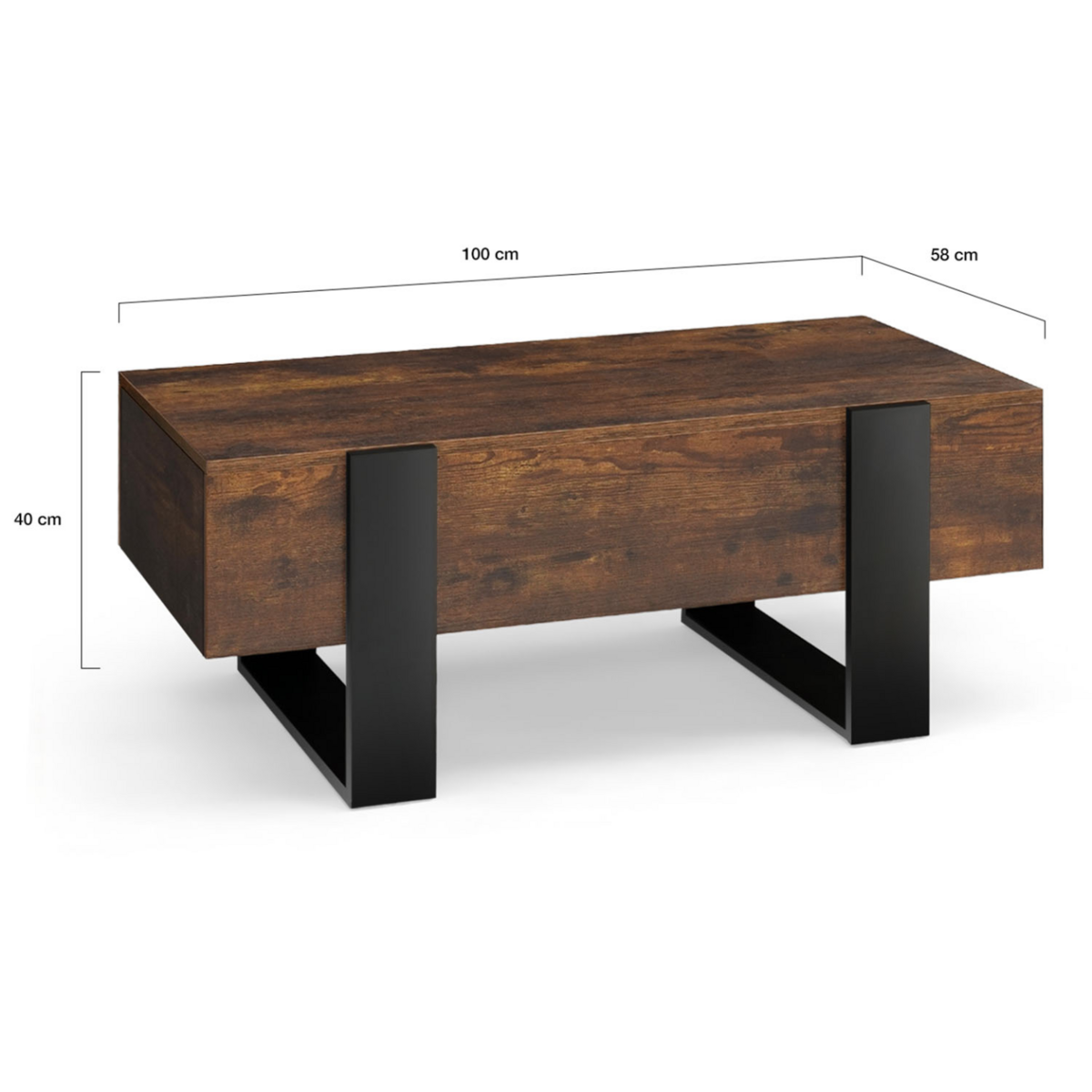 ID MARKET Table basse rectangle PHOENIX avec tiroirs 100 cm bois effet vieilli et noir