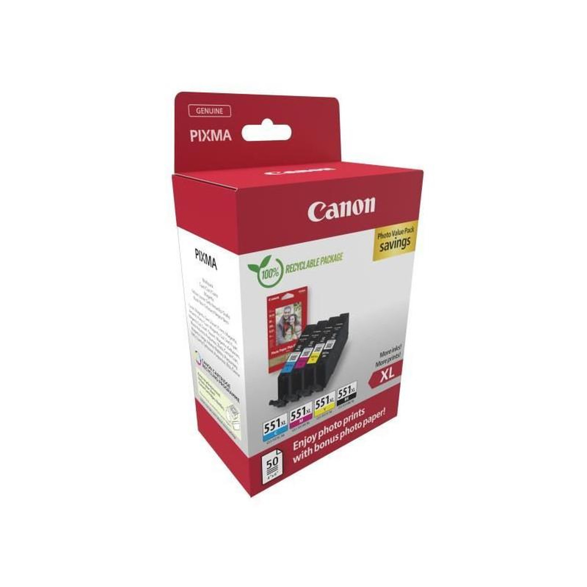 Voir la diapositive 2 : Canon Multipack cartouches d'encre + pack papiers photo - CANON - CLI-551XL Noir/Cyan/Magenta/Jaune - Haut rendement