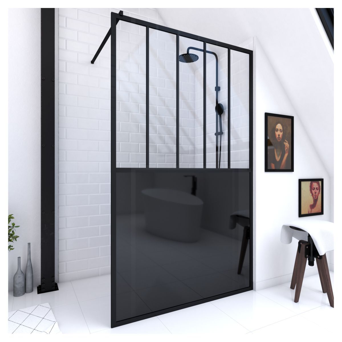 Aurlane Paroi de douche à l'italienne style verrière 120x200 cm - BLACK INDUS 120