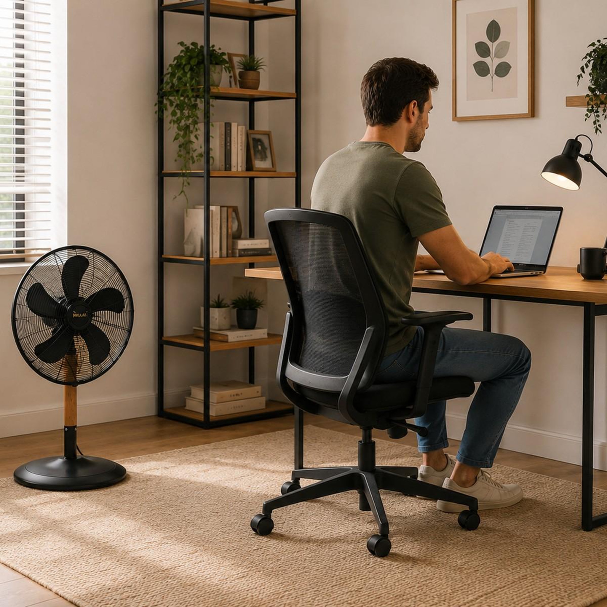 Voir la diapositive 2 : NIKLAS Ventilateur 60w mat en bois - ventilateur 3 vitesses hauteur 76cm tête réglable niklas
