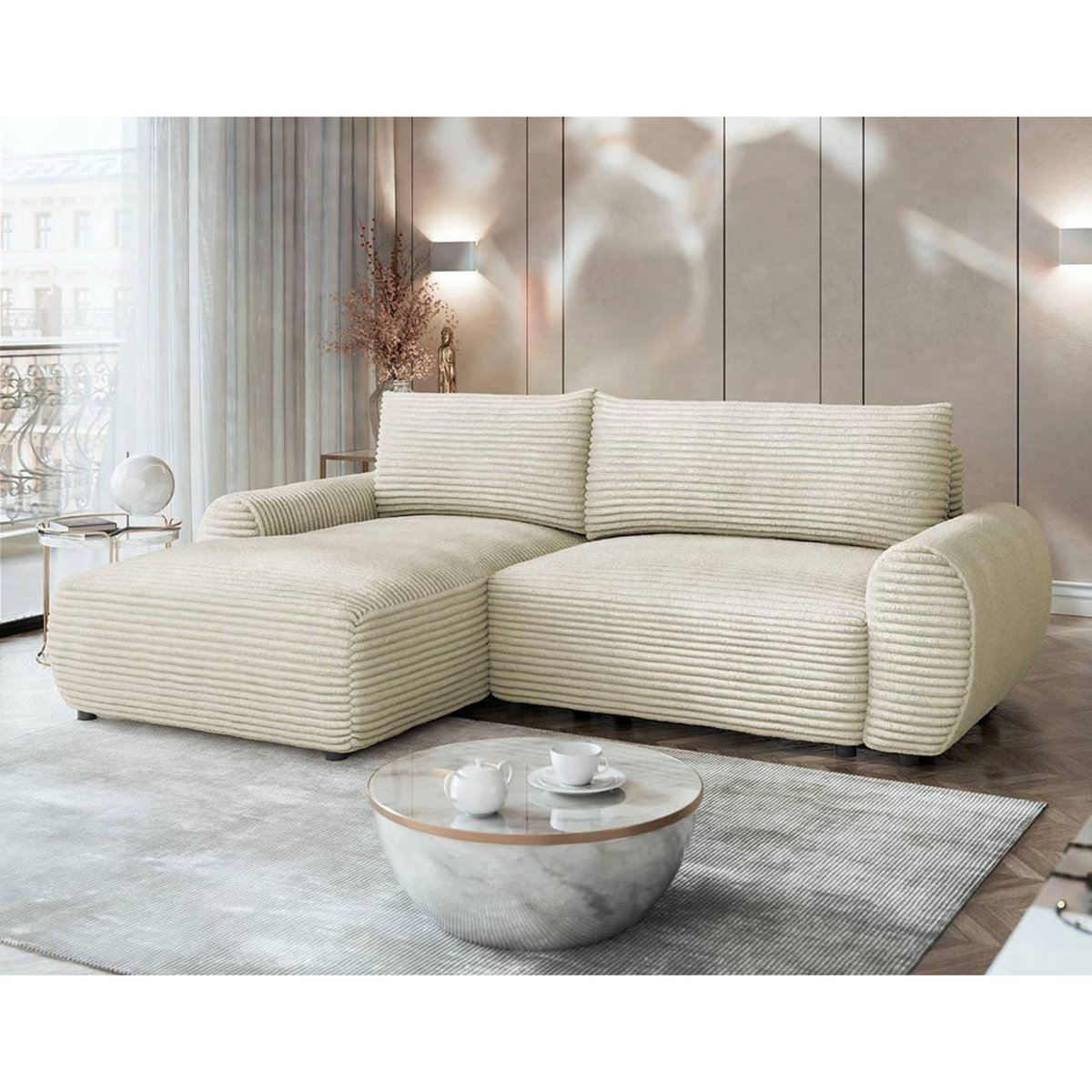 BEST MOBILIER Silvano - canapé d'angle gauche 4 places convertible avec coffre en velours côtelé grosses côtes