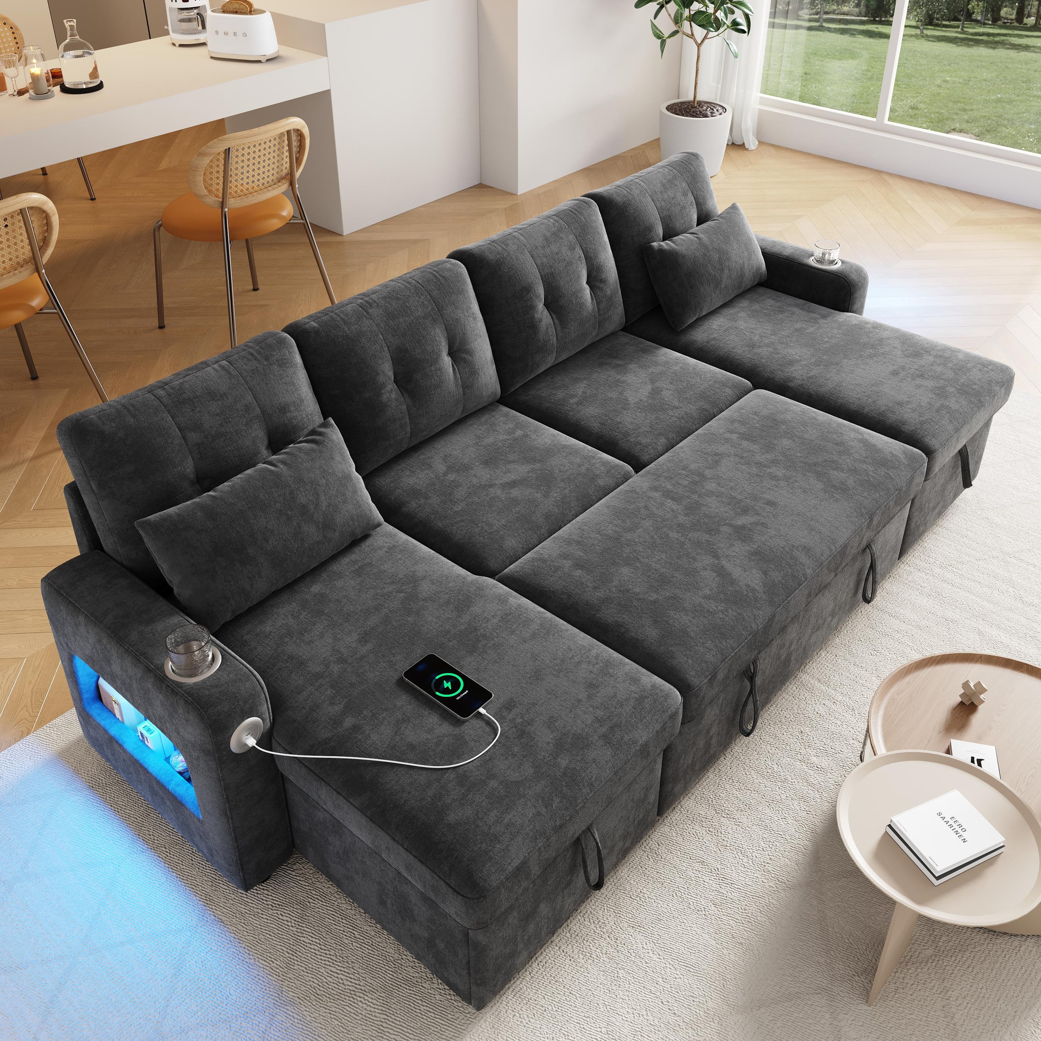 Voir la diapositive 4 : MERAX Canapé d'angle panoramique convertible 4 places tissu led coffre de rangement