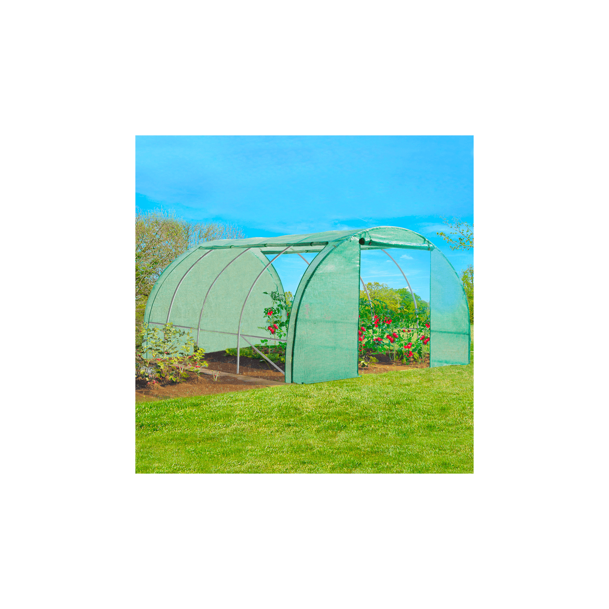 Voir la diapositive 3 : ID MARKET Serre de jardin tunnel 12m² 4 x 3 x 2 m acier galvanisé + bâche anti-uv avec porte et fenêtres zebra verte toutes saisons