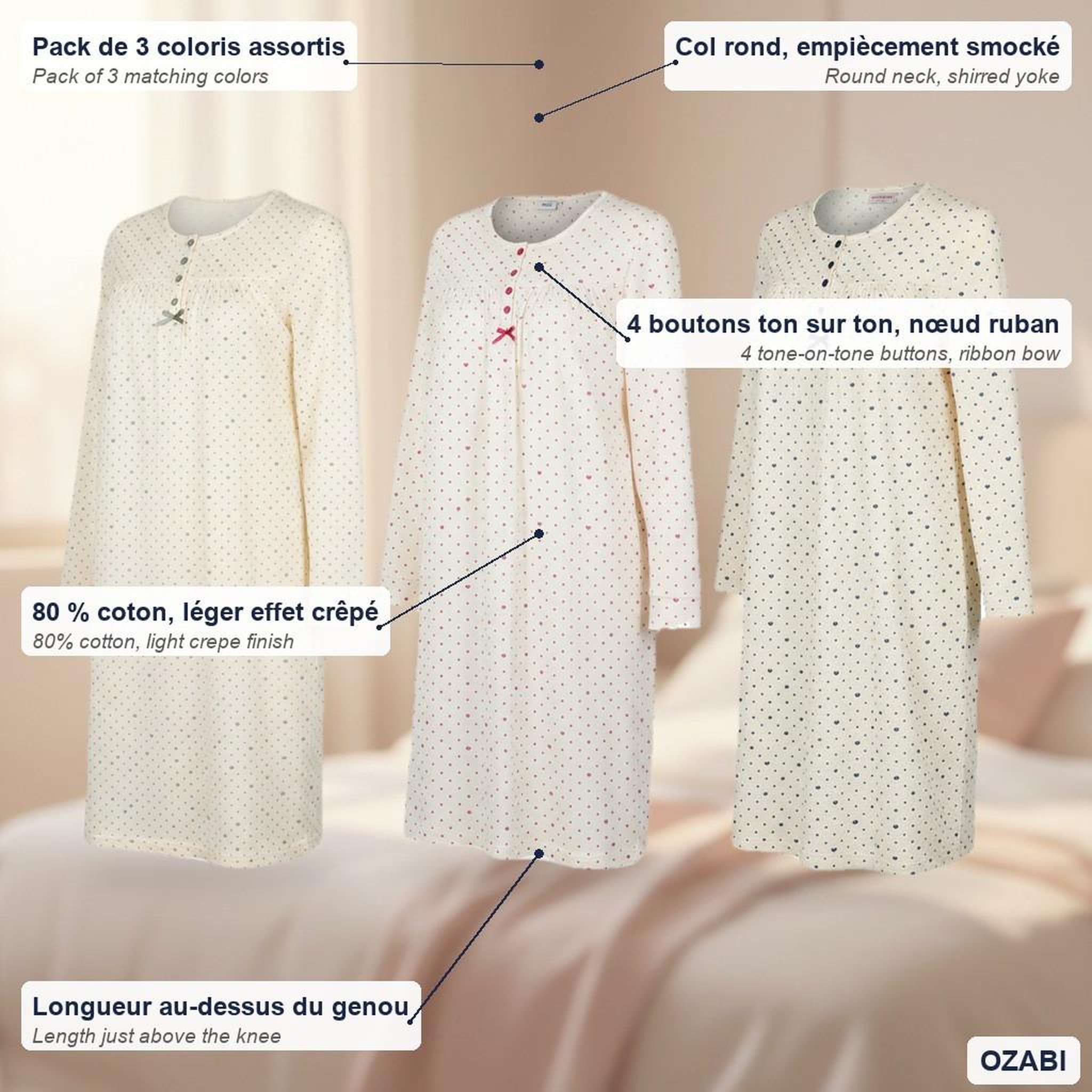 Voir la diapositive 5 : OZABI OZABI Chemise de Nuit Femme Pack de 3, Coton Manches Longues, Col Rond 4 Boutons