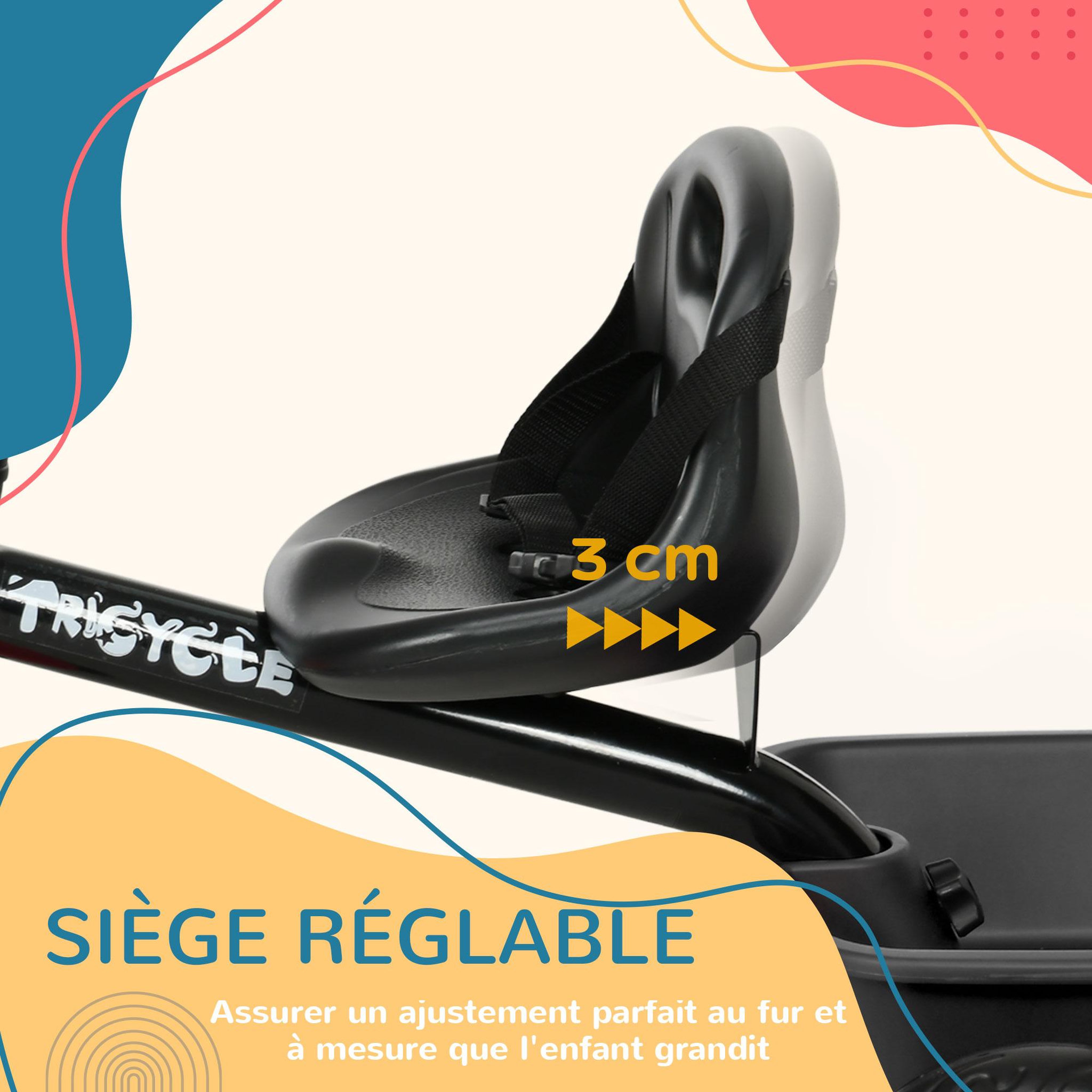 Voir la diapositive 6 : HOMCOM Tricycle pour enfant évolutif avec siège réglable - pédales - 2 paniers - ceinture - pour enfant de 2 à 5 ans - noir