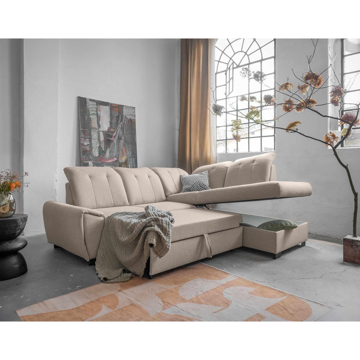 BEST MOBILIER Paul - canapé d'angle droit - 5 places - convertible avec coffre et têtières - en tissu