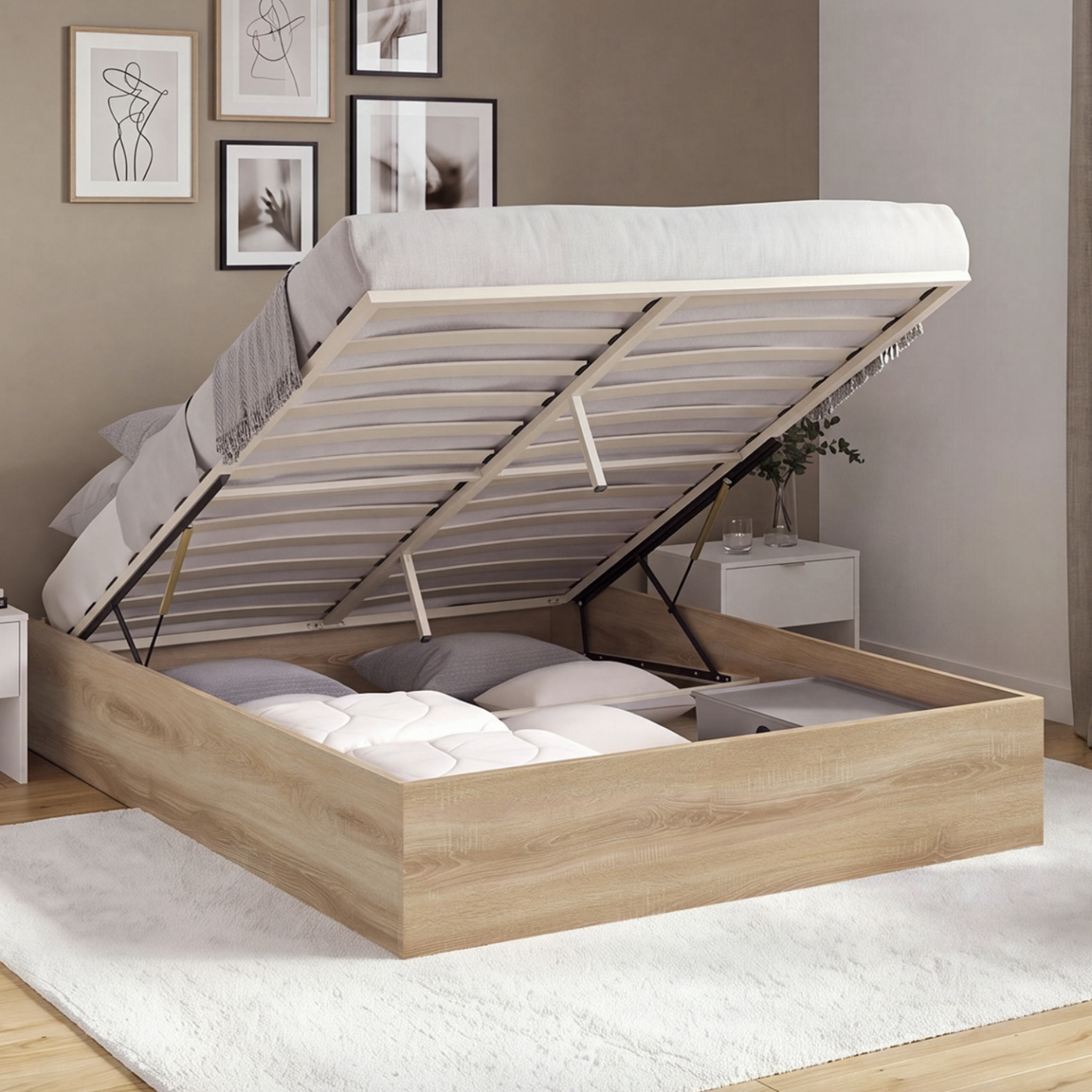 Voir la diapositive 2 : ID MARKET Lit coffre double sandside avec sommier 160 x 200 cm hêtre