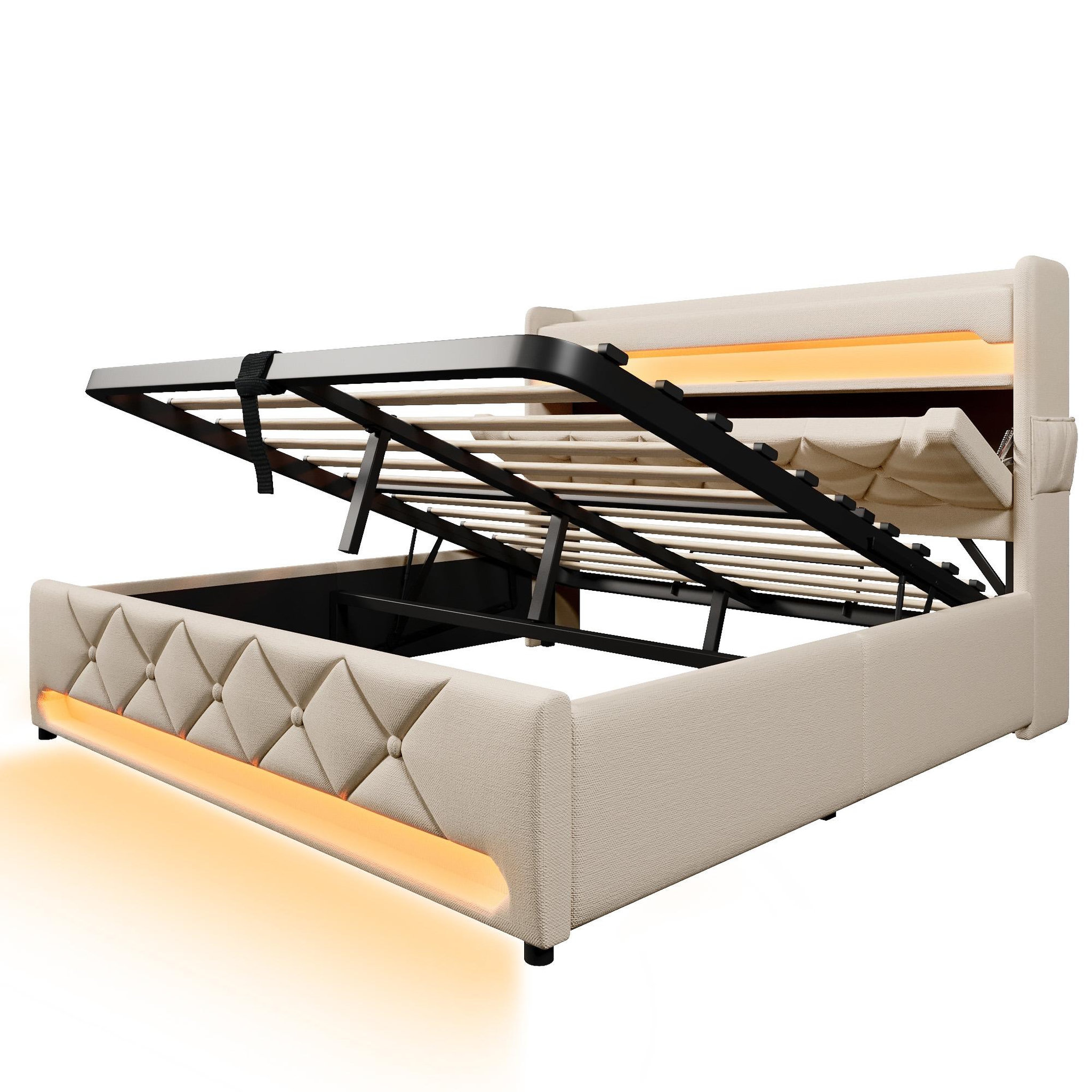 Voir la diapositive 6 : MERAX Lit coffre lin avec tête de lit rangement usb led et sommier