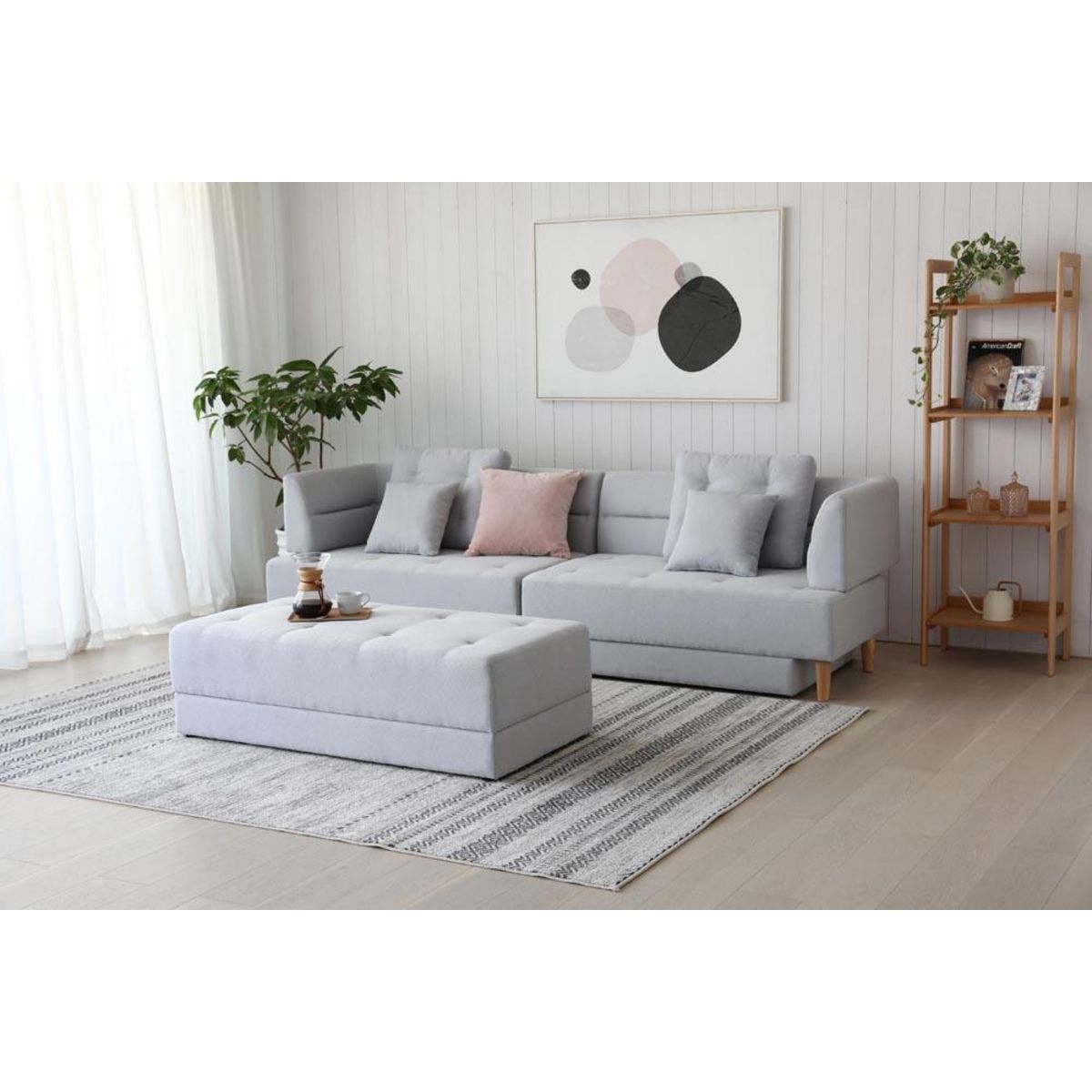 CONCEPT USINE Canapé multifonction 4 places en tissu gris clair BERGA